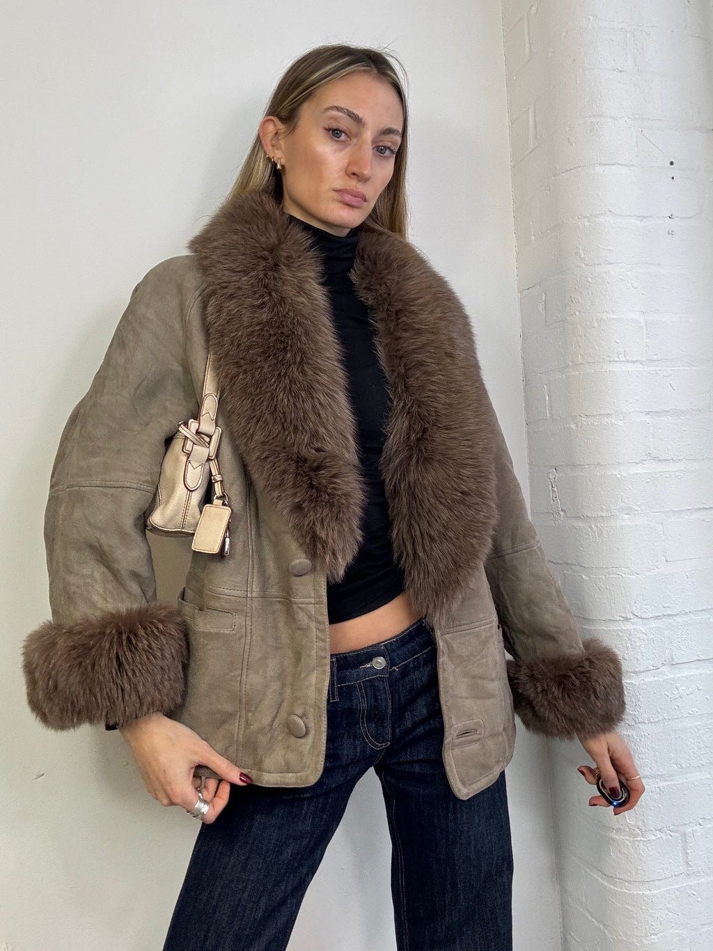 Vintage 90s sheepskin coat with fox fur trim