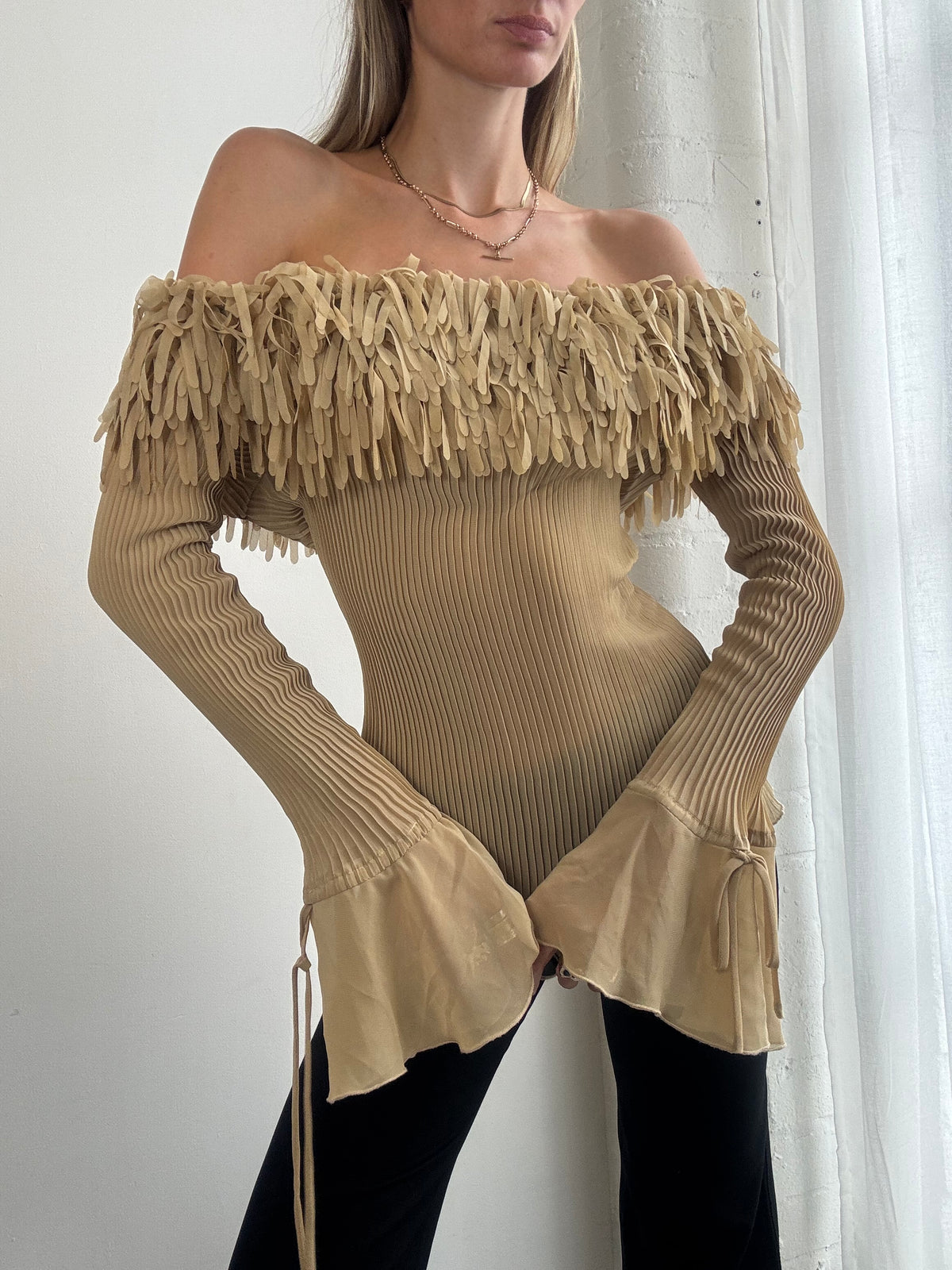 Vintage Y2K Beige Fringe Off Shoulder Bell Sleeve Mesh Top - Size L