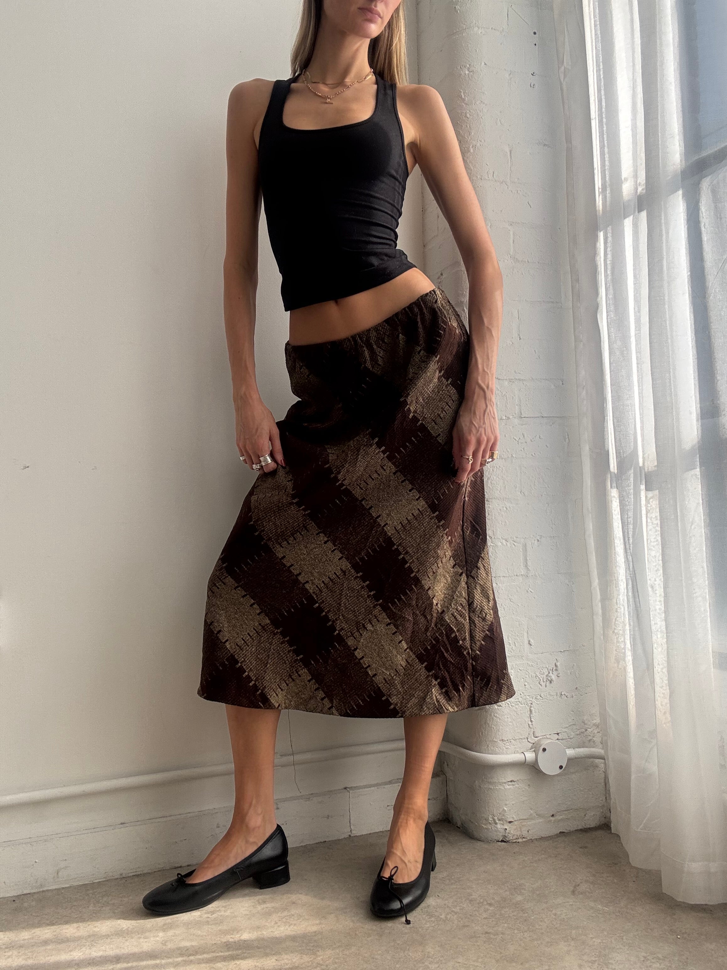 Vintage 90s brown plaid midi skirt