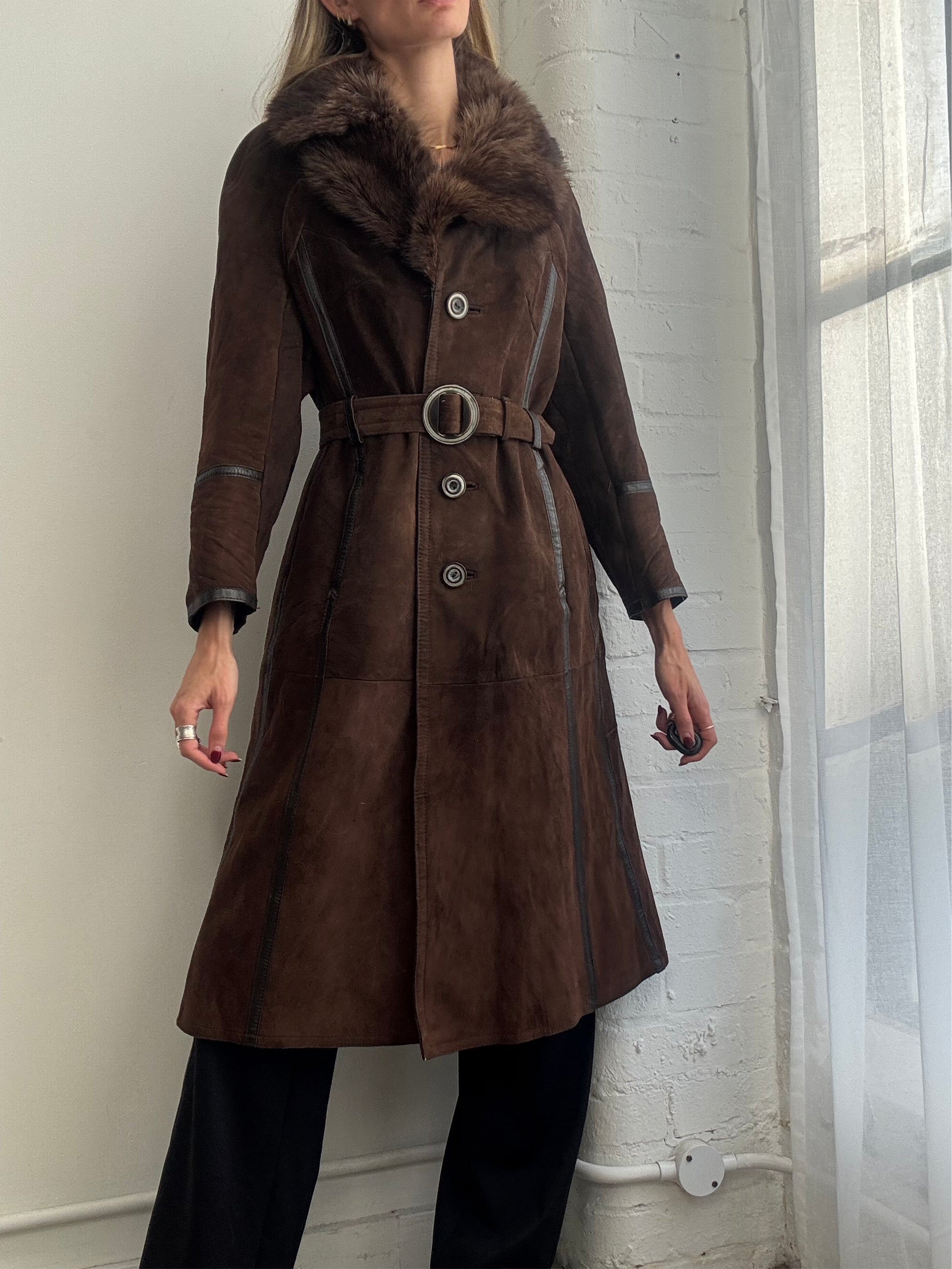 Vintage 90s brown suede sheepskin coat belted