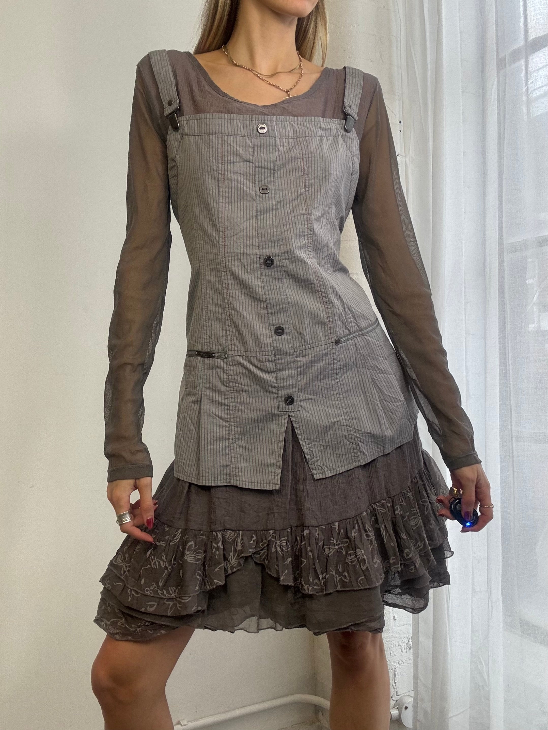 Vintage Y2k Long Sleeve Mesh Ruffle Dress Grey