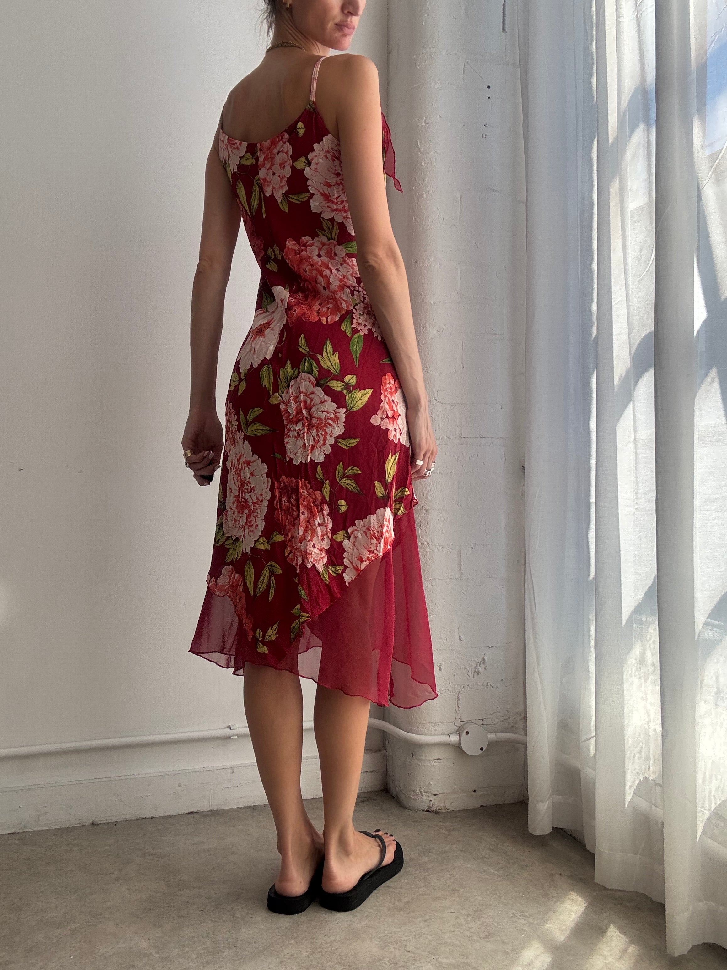 Vintage Red Floral Mesh Midi Dress Y2K - Size S
