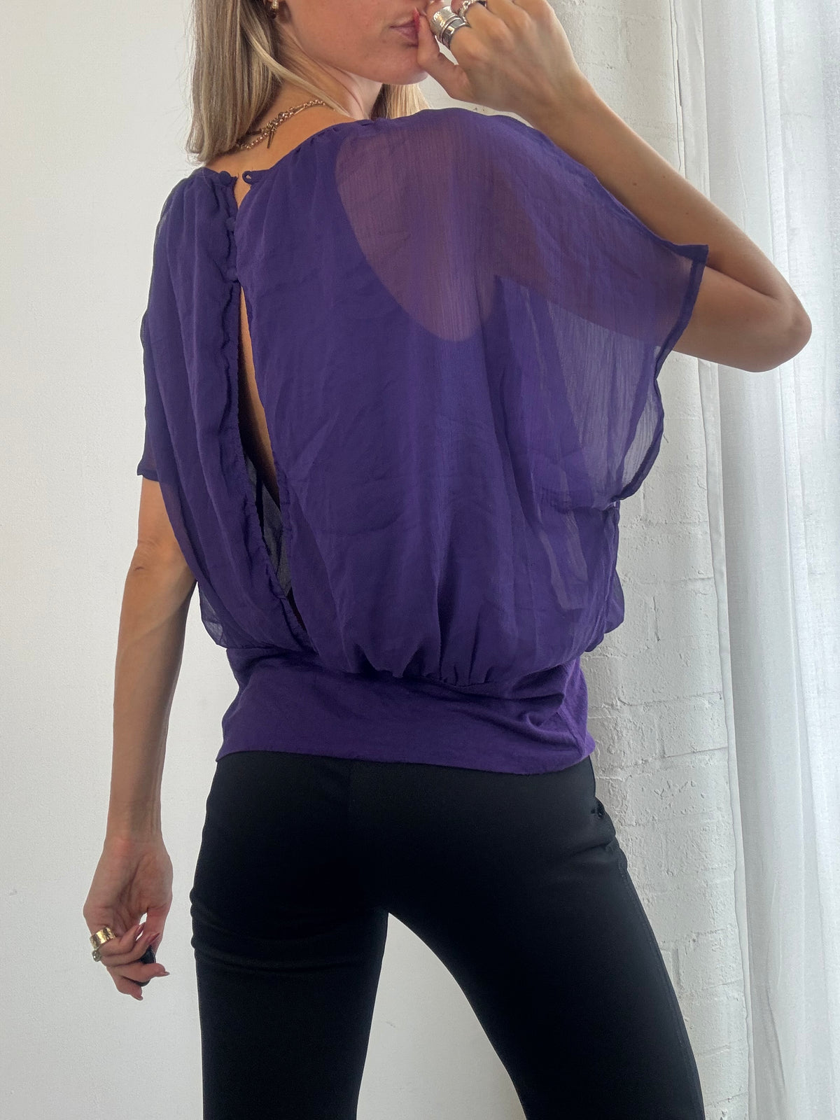 Vintage Y2K Purple Chiffon Batwing Top - Size S