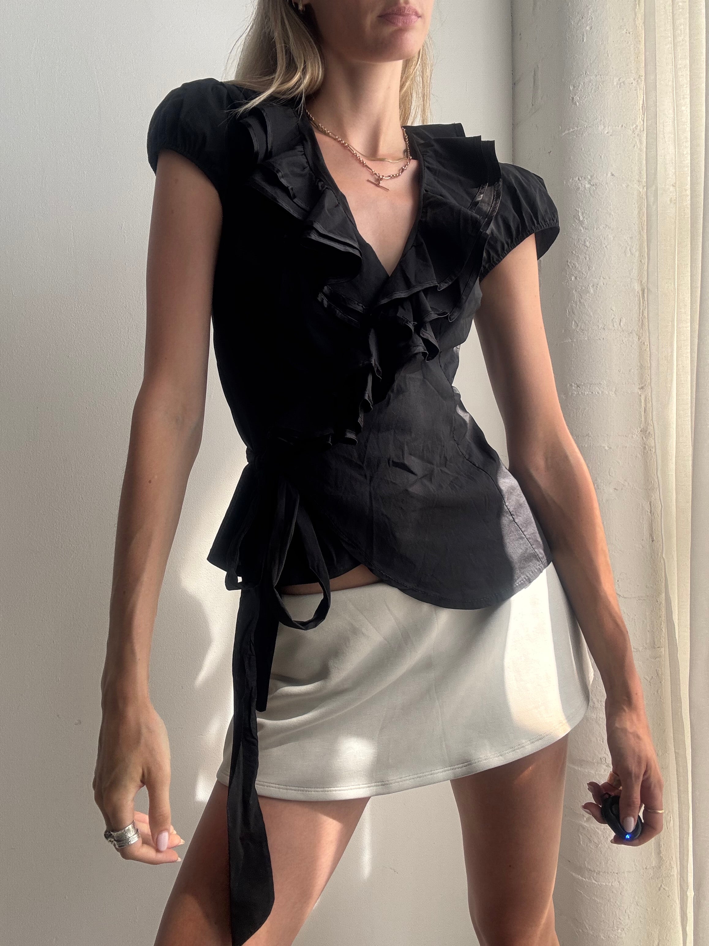Vintage Y2K Black Ruffle Wrap Blouse - Size S