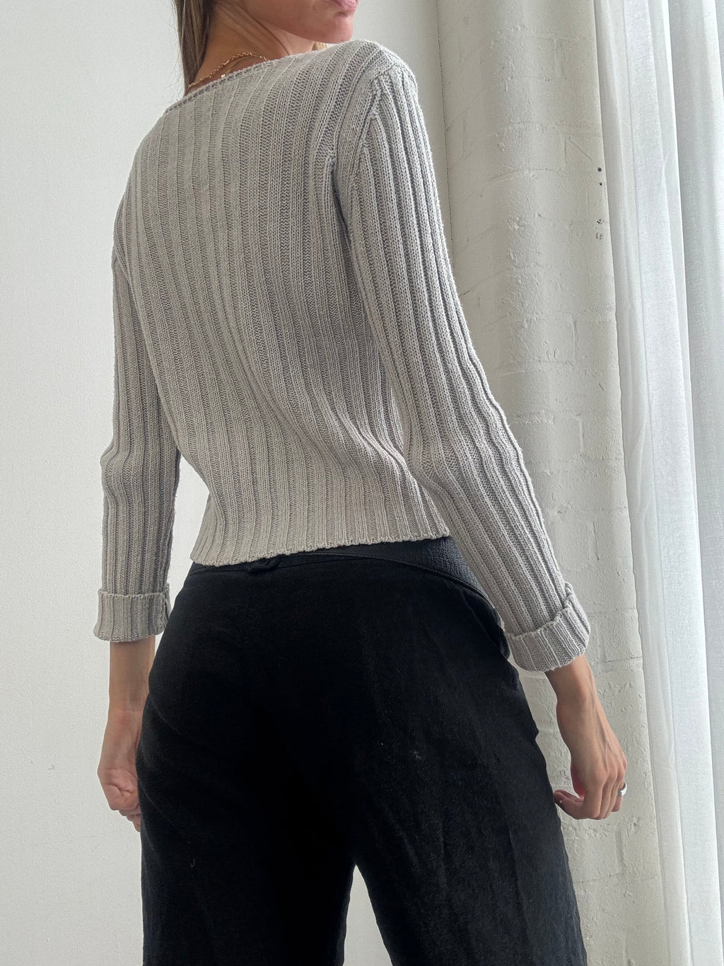 Vintage Y2K Silver Grey Ribbed Button-Up Cardigan - Size S/M