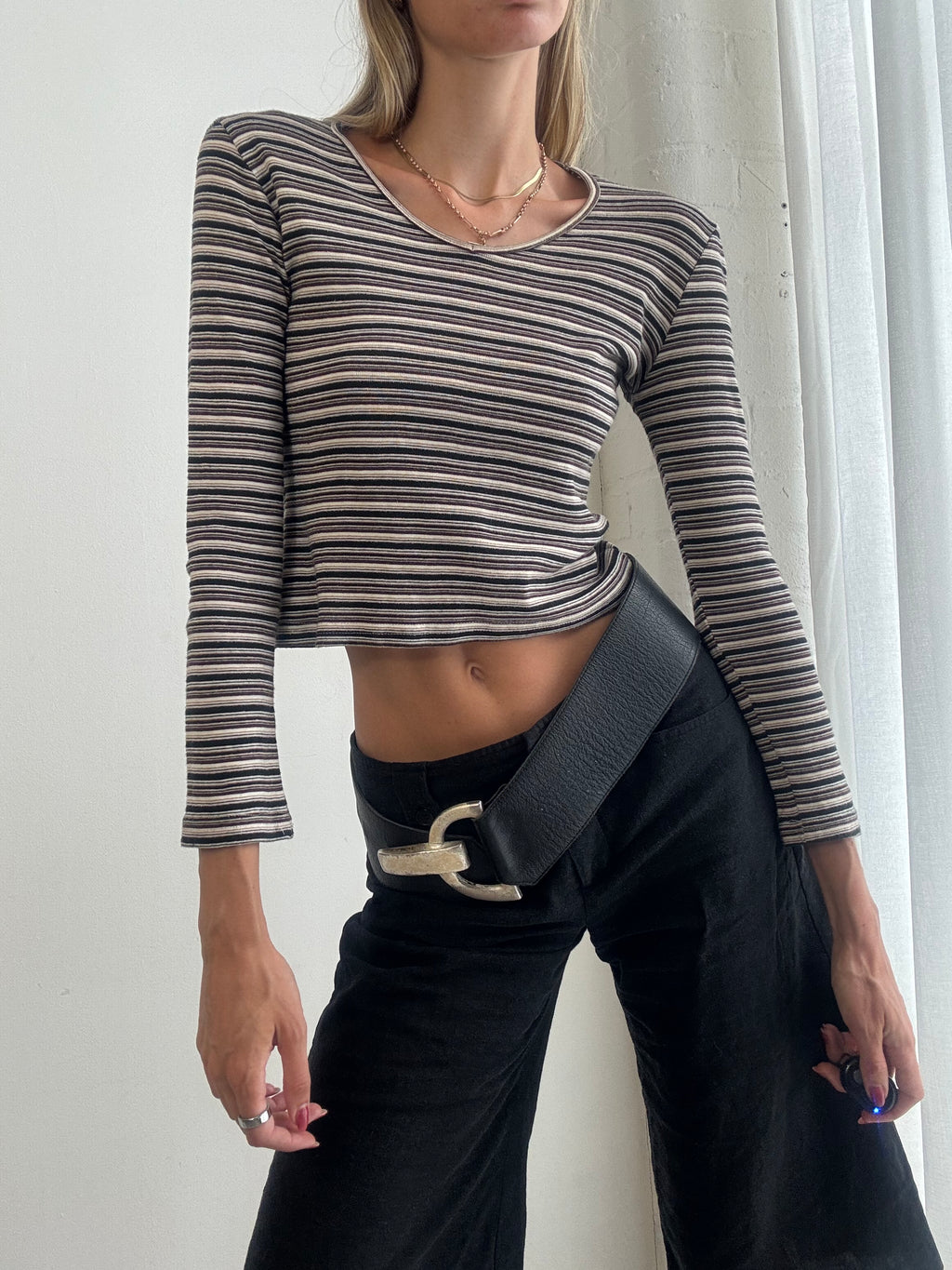 Vintage Y2K Brown & Cream Striped Long Sleeve Top - Size S