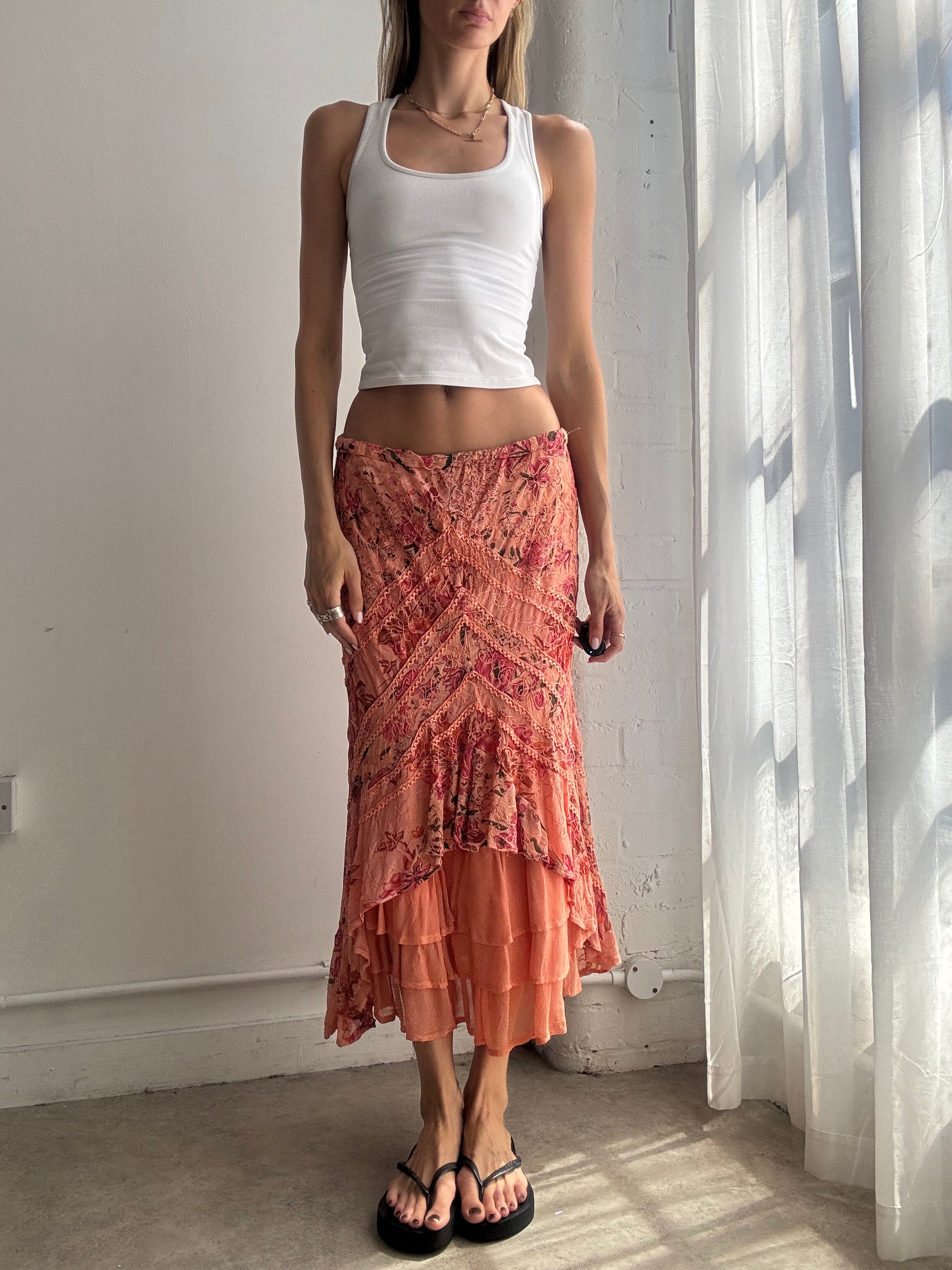 Vintage Coral Floral Maxi Skirt Y2K - Size S/M