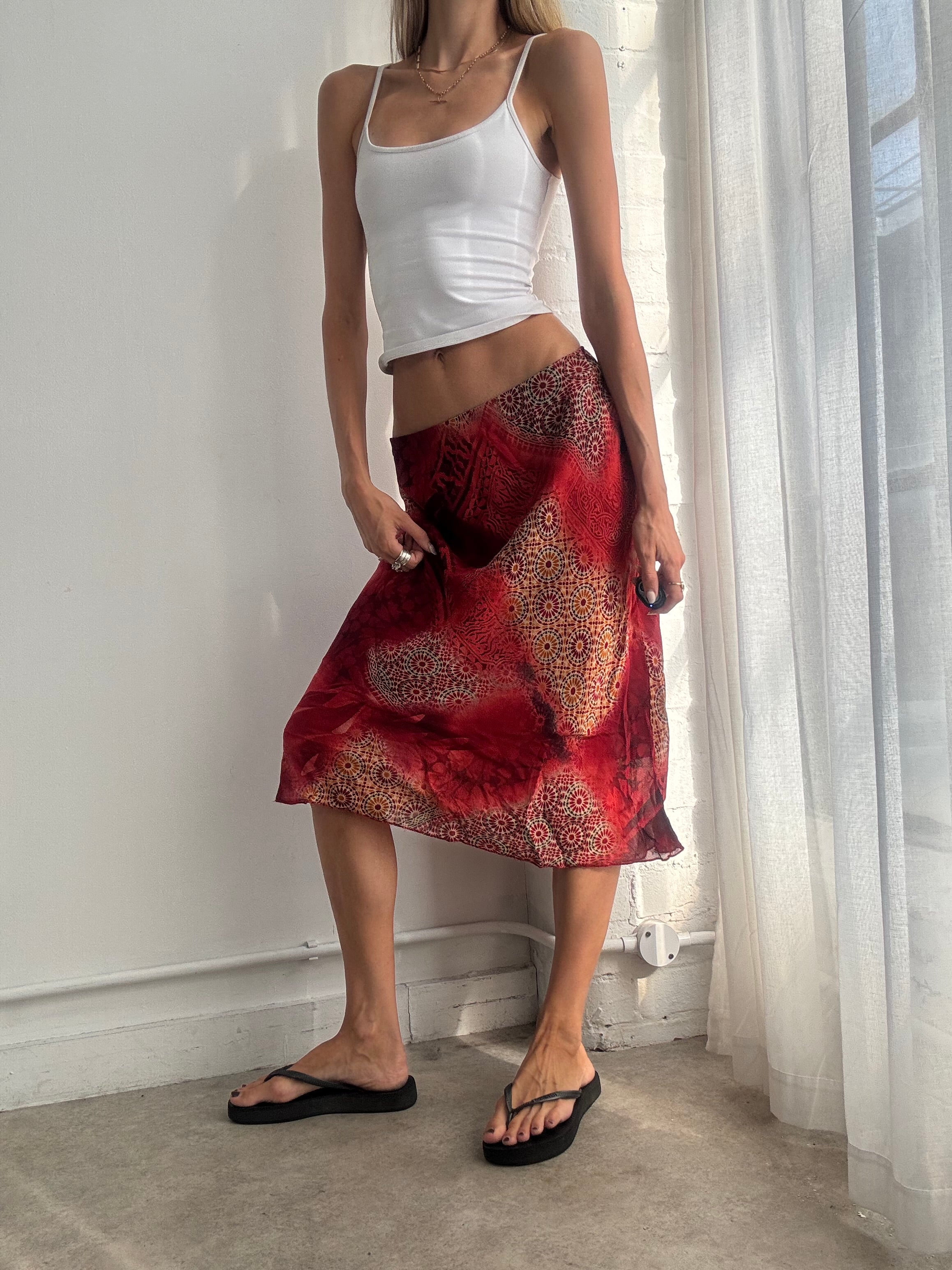 Vintage Y2K Red Abstract Bias Cut Mesh Midi Skirt - Size S/M