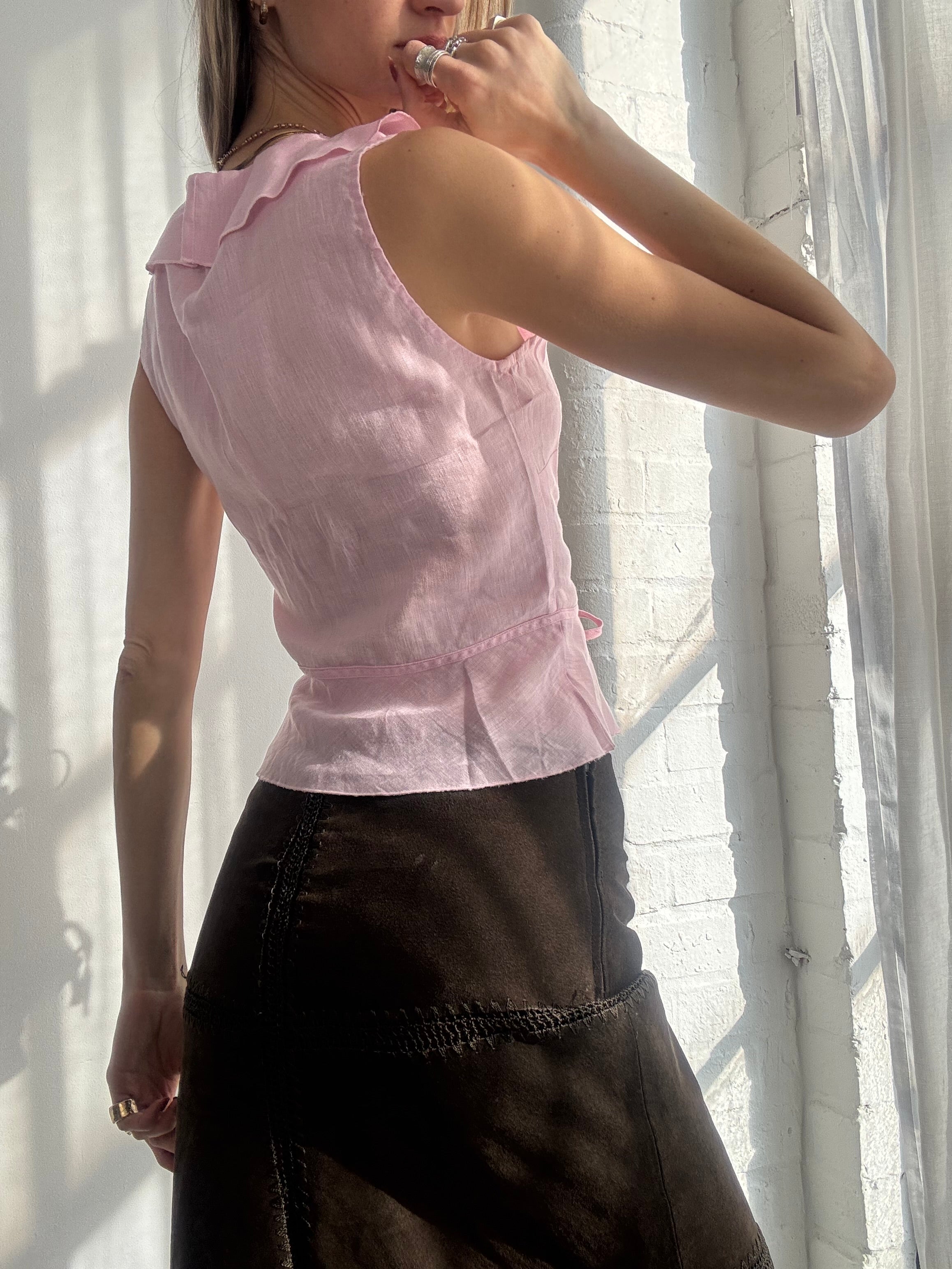 Vintage Y2K pink ruffle front sleeveless blouse