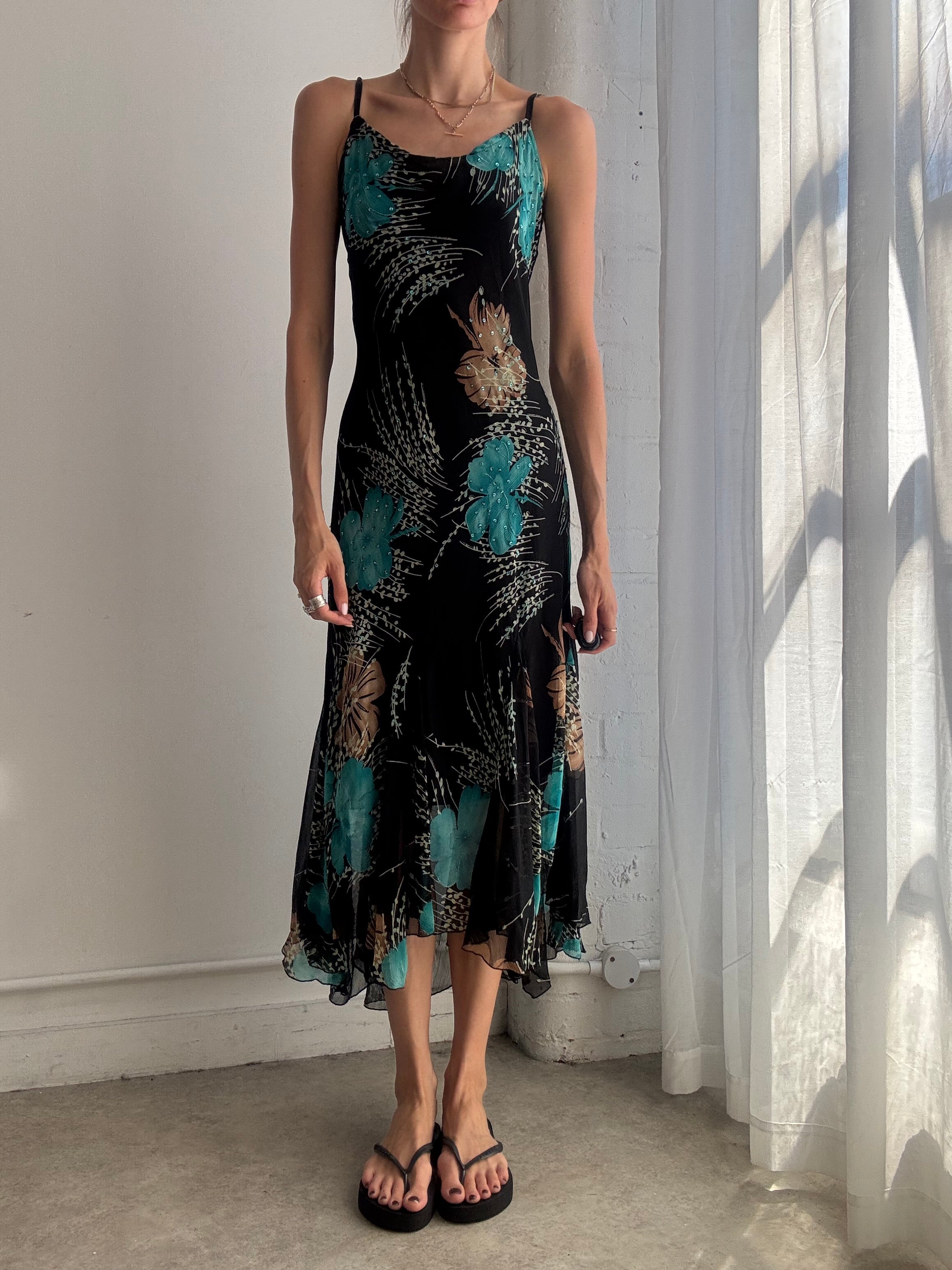 Vintage Tropical Floral Mesh Asymmetric Midi Dress Y2K - Size M/L