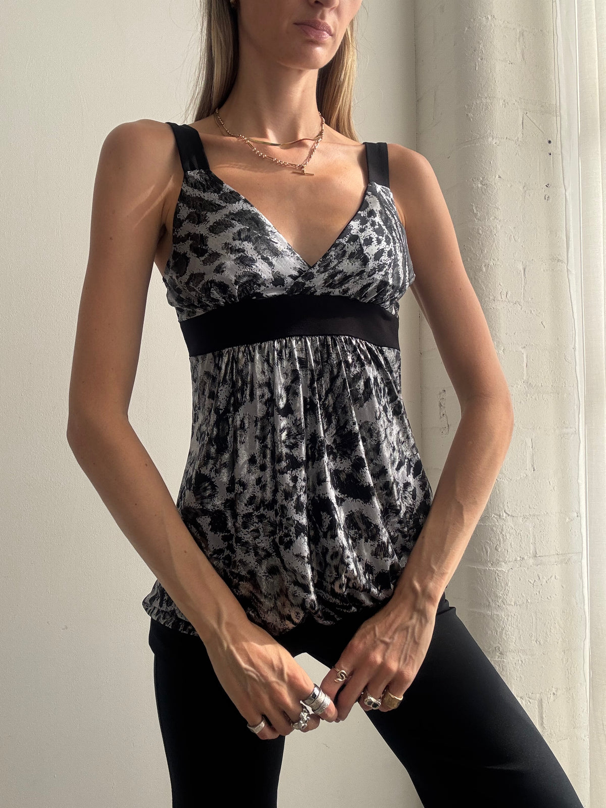 Vintage Y2K Black & Silver Leopard Print Cami Top - Size S