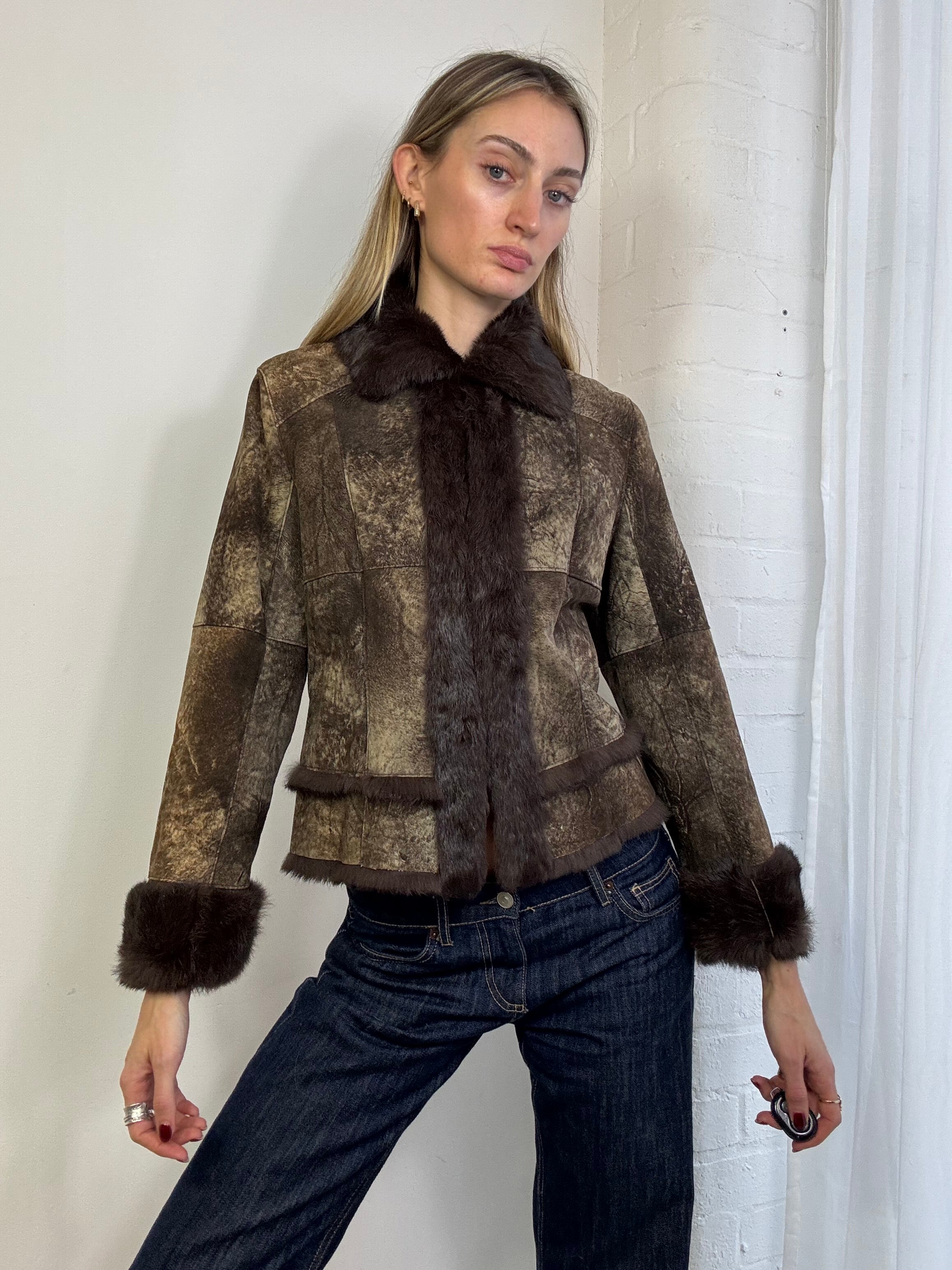Vintage Y2K genuine suede & fur jacket brown