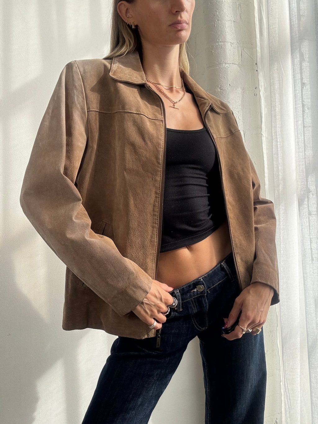 Vintage Y2K Tan Brown Suede Zip Up Jacket - Size M