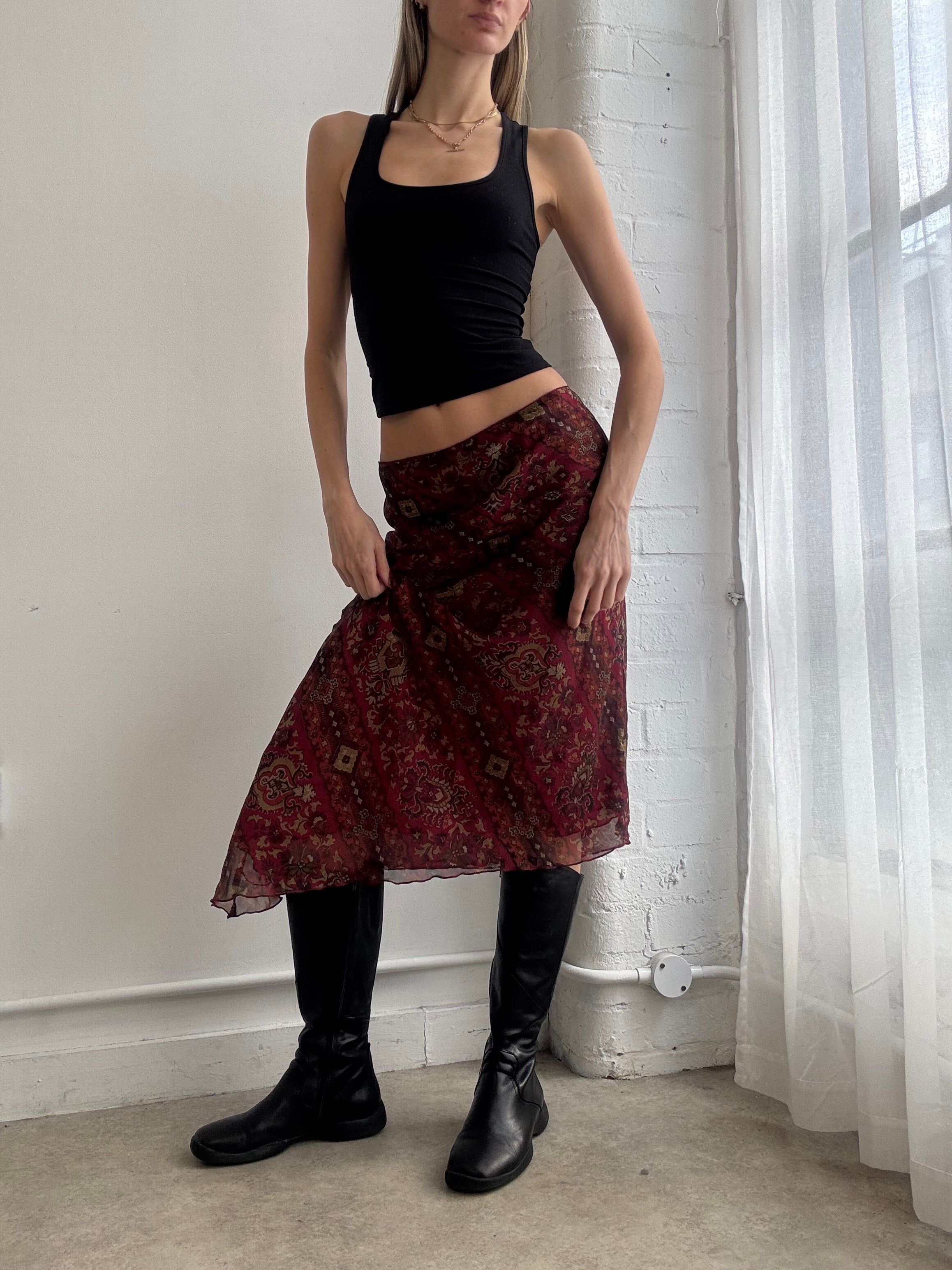 Vintage Y2k burgundy asymmetric mesh midi skirt