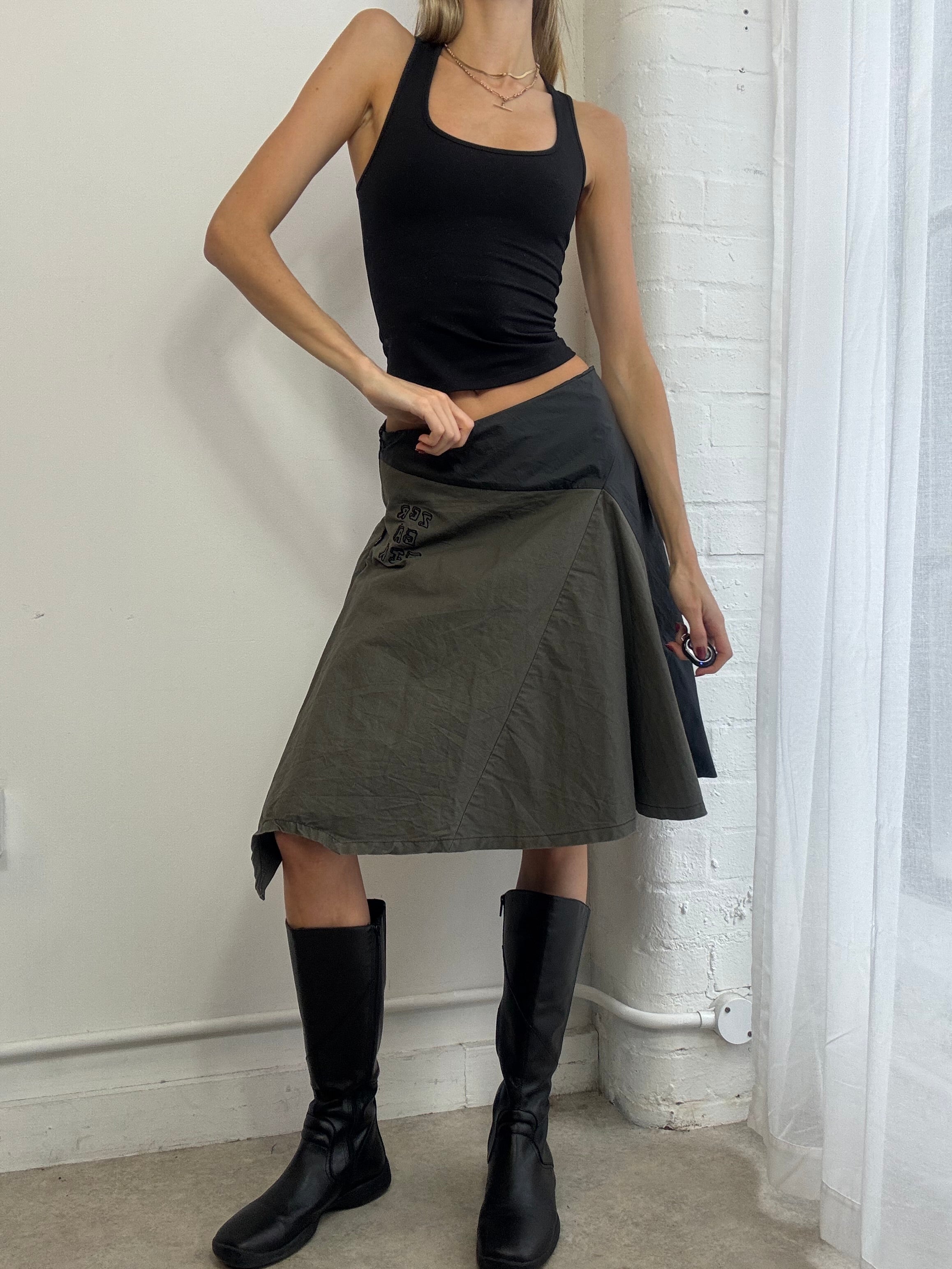 Vintage Y2K khaki green & black asymmetric midi skirt