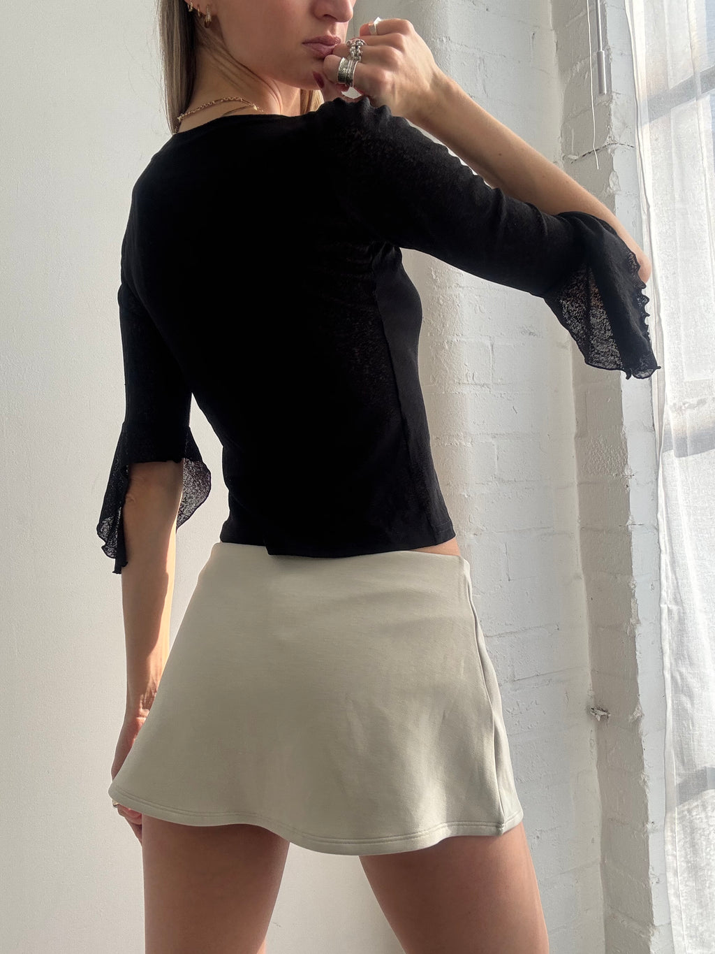 Vintage Y2k Black Mesh Bell Sleeve Ruffle Top