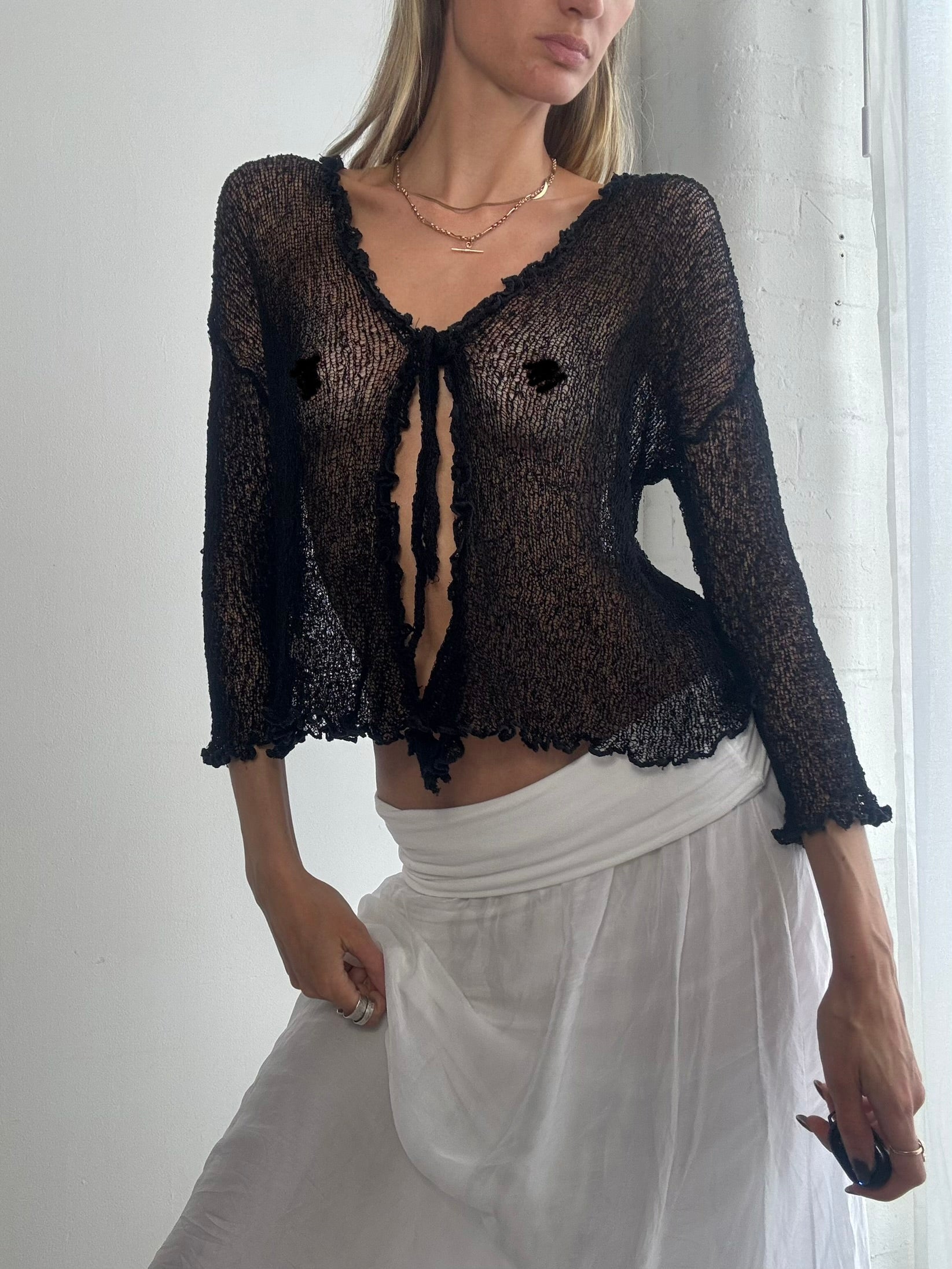 Vintage Y2K sheer mesh tie front cardigan top - Size M/L