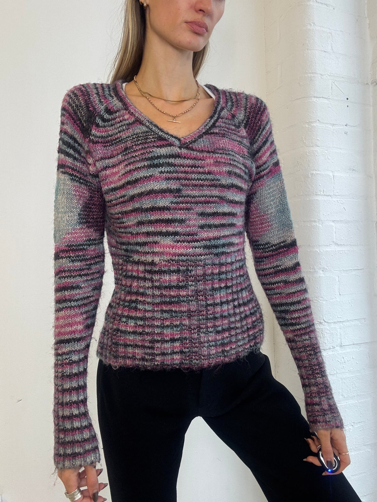 Vintage Y2K Pink & Grey Space Dye Mohair Knit V Neck Jumper - Size M