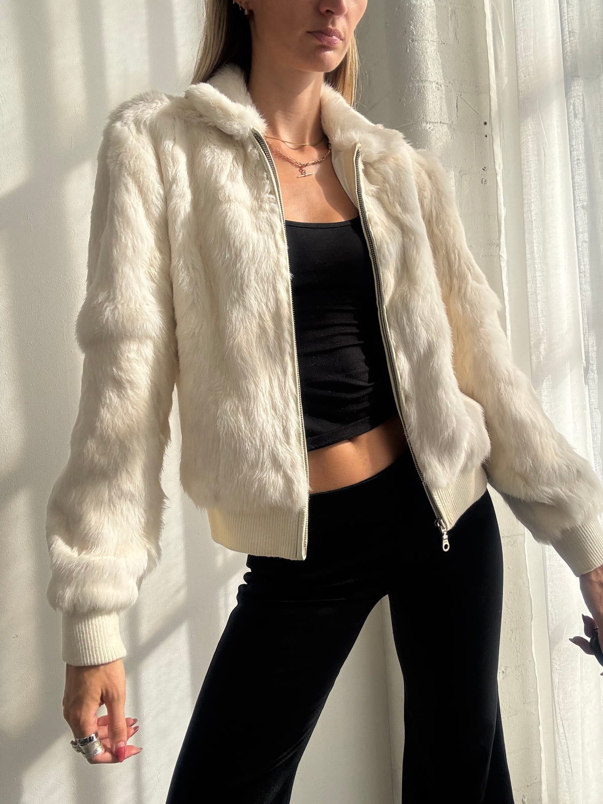 Vintage Y2K Cream Rabbit Fur Zip Up Bomber Jacket - Size S/M