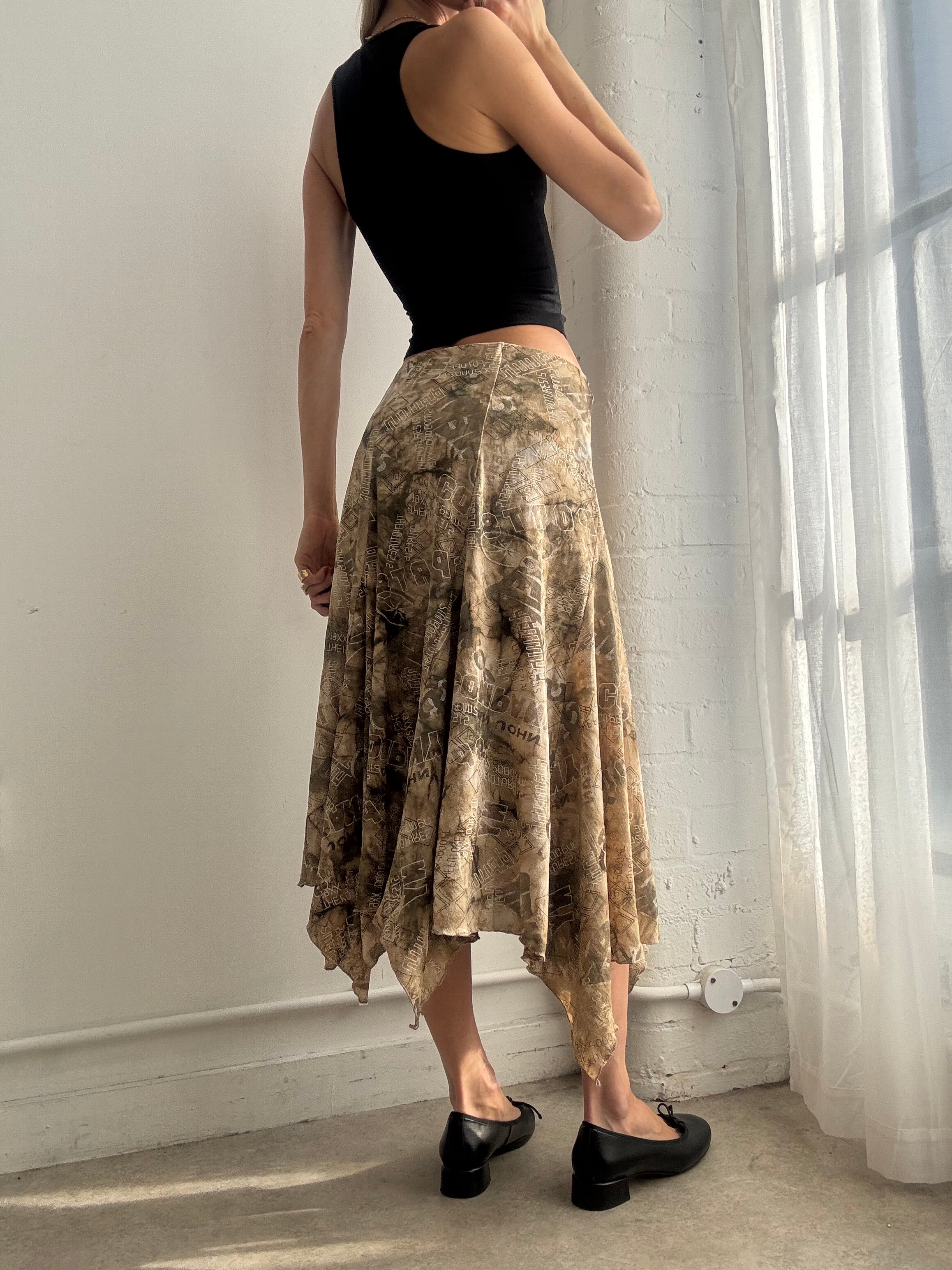 Vintage Y2K khaki green graphic print mesh midi skirt asymmetric