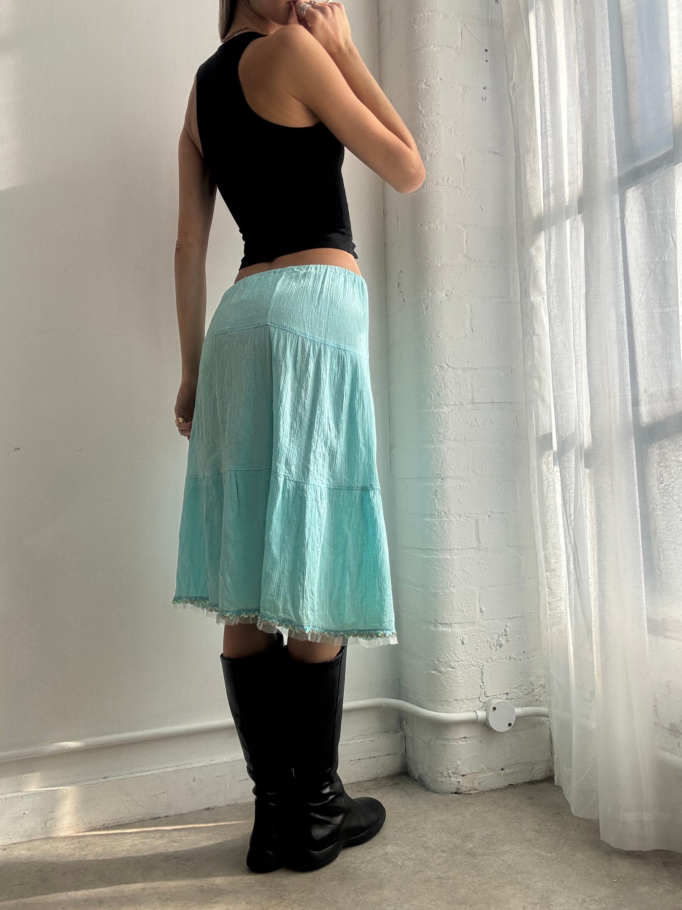 Vintage Y2K turquoise tiered cotton midi skirt sequin