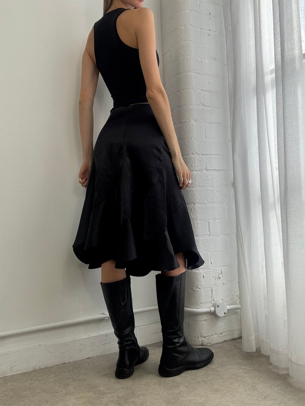 Vintage Y2K black satin ruffle midi skirt
