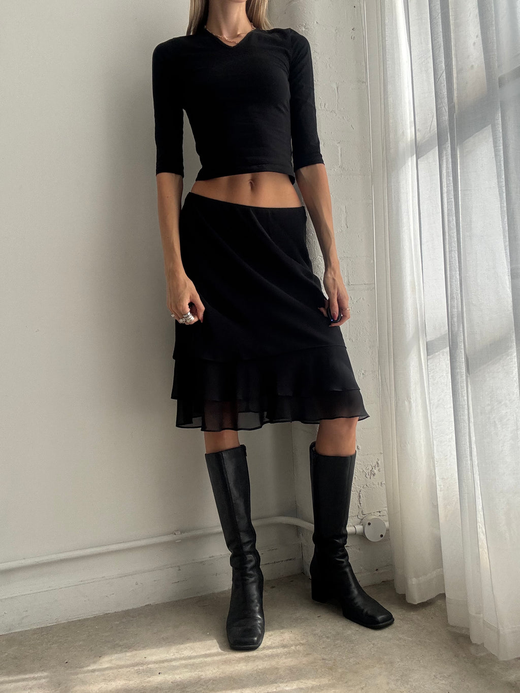 Vintage Y2K Black Asymmetric Layered Mesh Midi Skirt - Size S