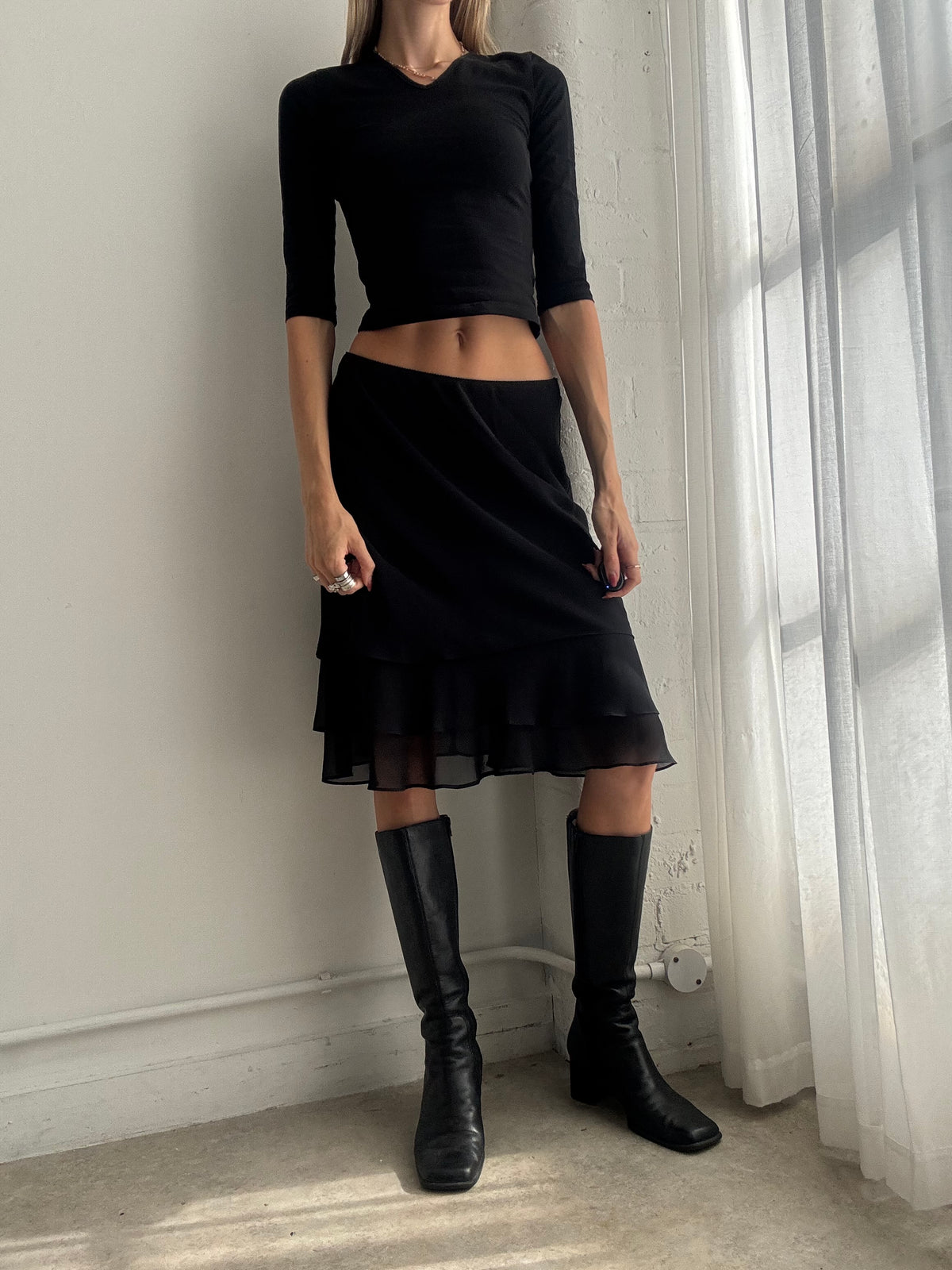 Vintage Y2K Black Asymmetric Layered Mesh Midi Skirt - Size S