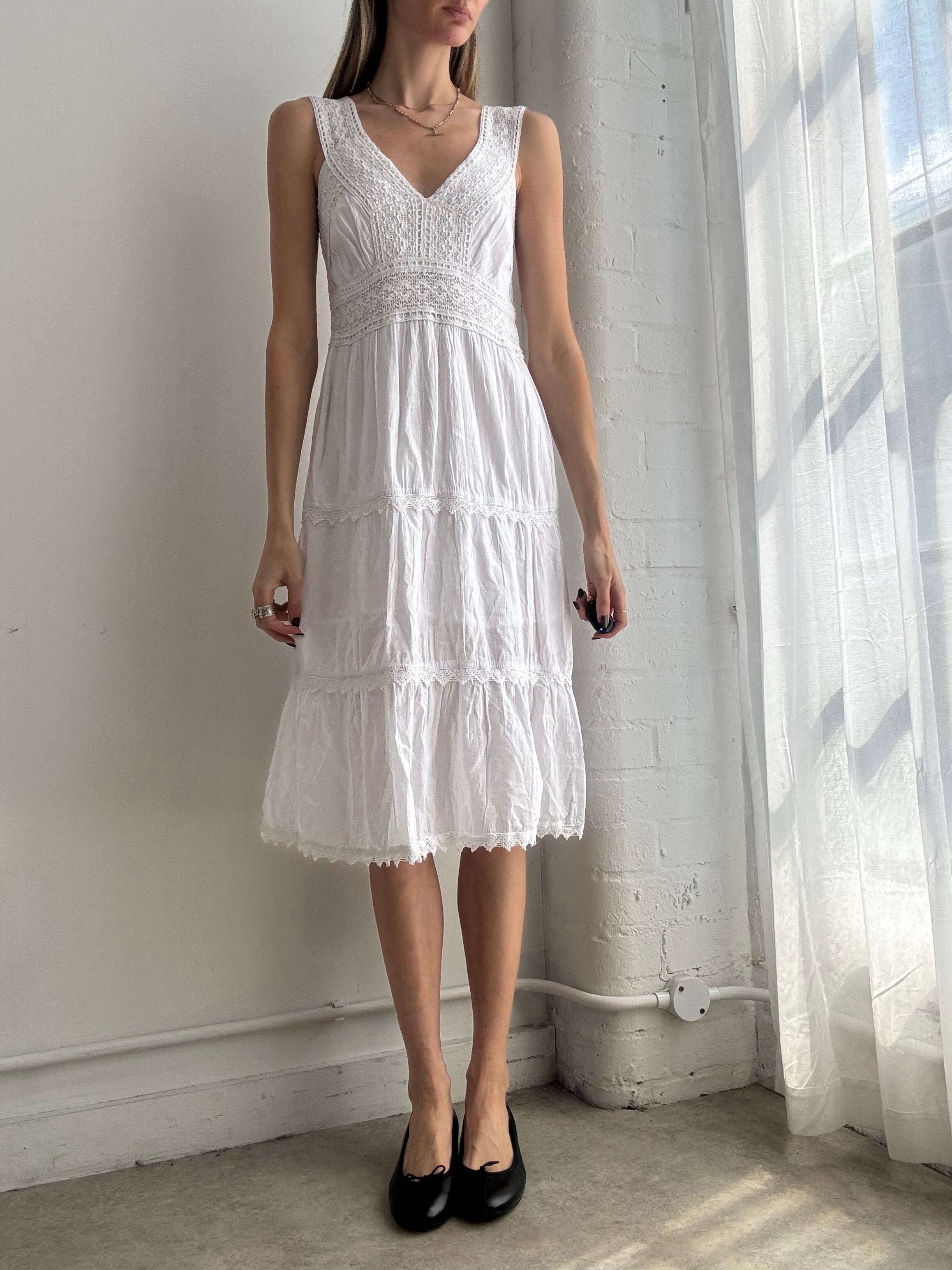 Vintage Y2K white cotton lace trim midi dress - Size S/M