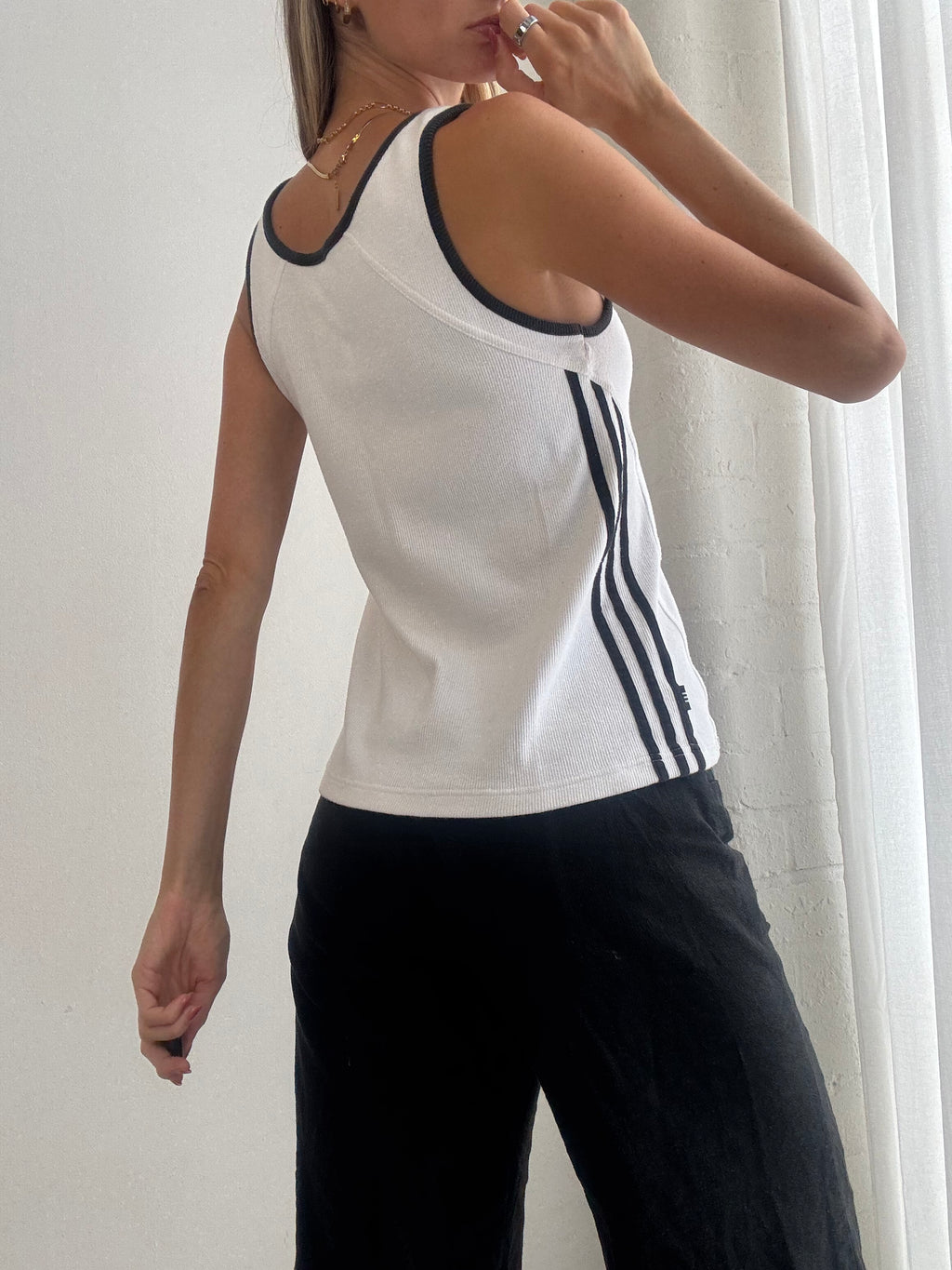 Vintage Adidas Y2K White Three Stripe Tank Top - Size S