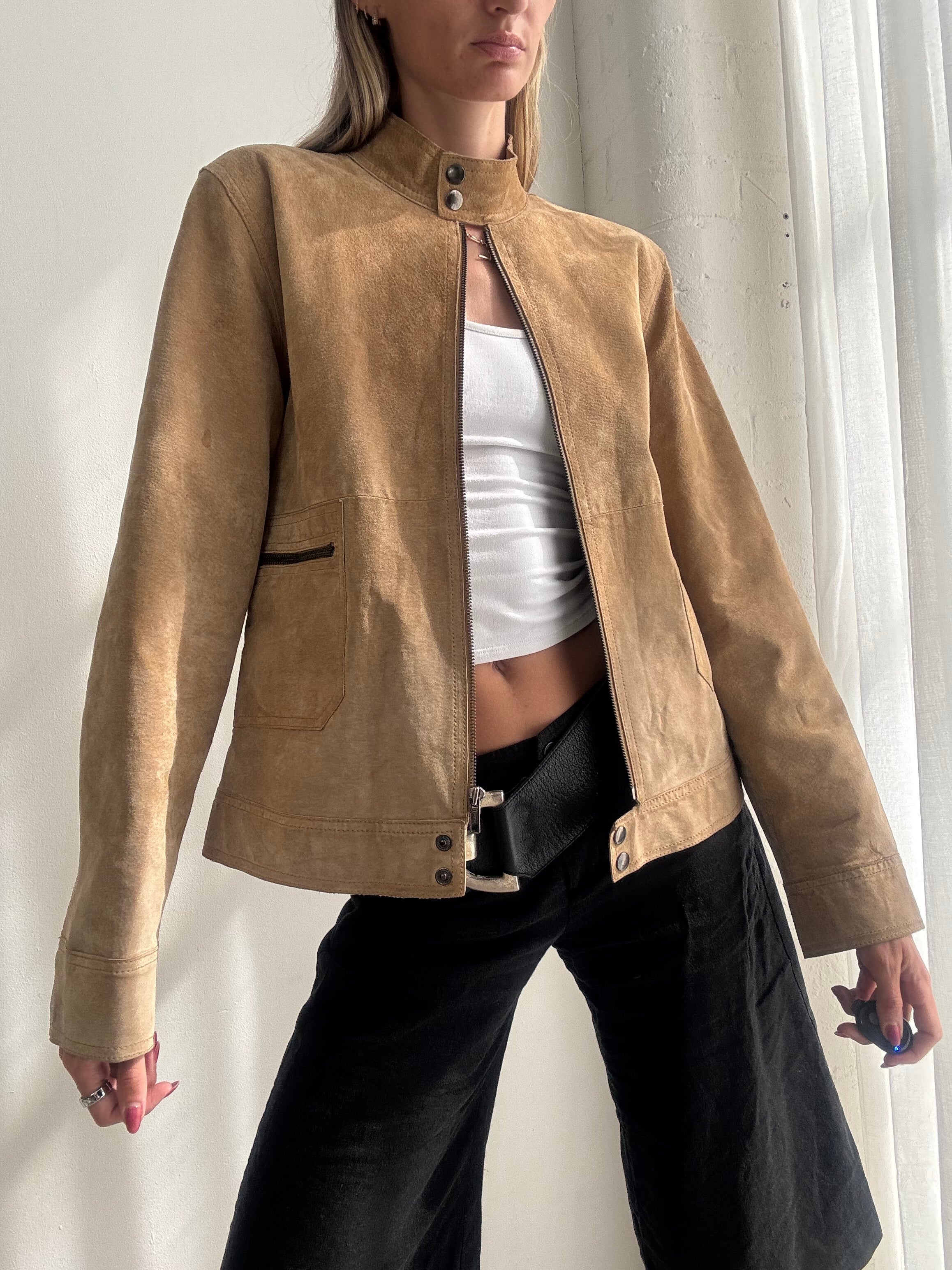 Vintage Y2K Tan Suede Biker Jacket - Size M/L