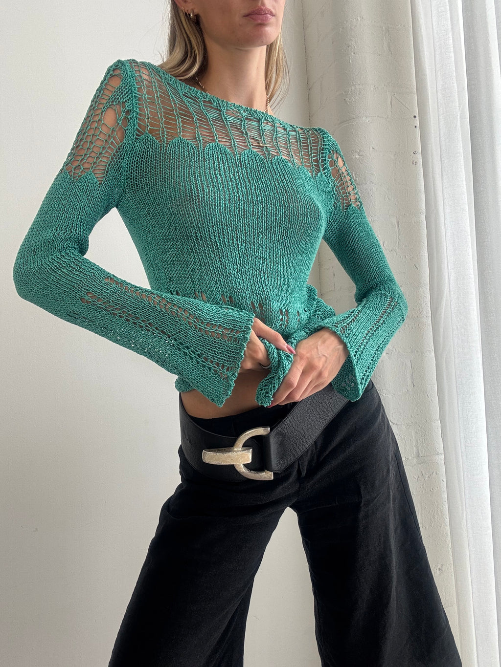 Vintage Y2K Turquoise Crochet Knit Top – Flared Sleeve Jumper - Size S