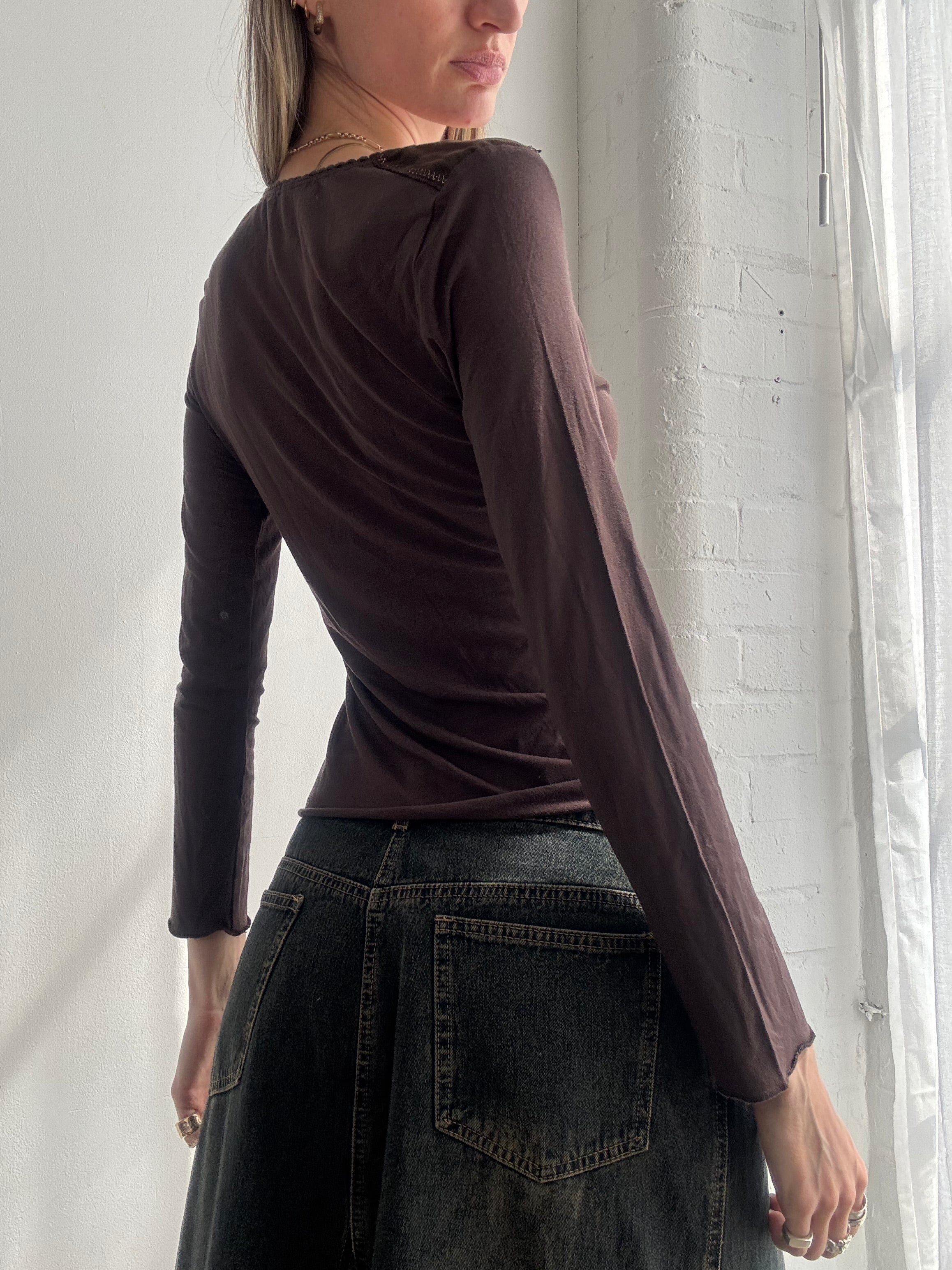 Vintage Y2K brown lace up long sleeve top - Size S