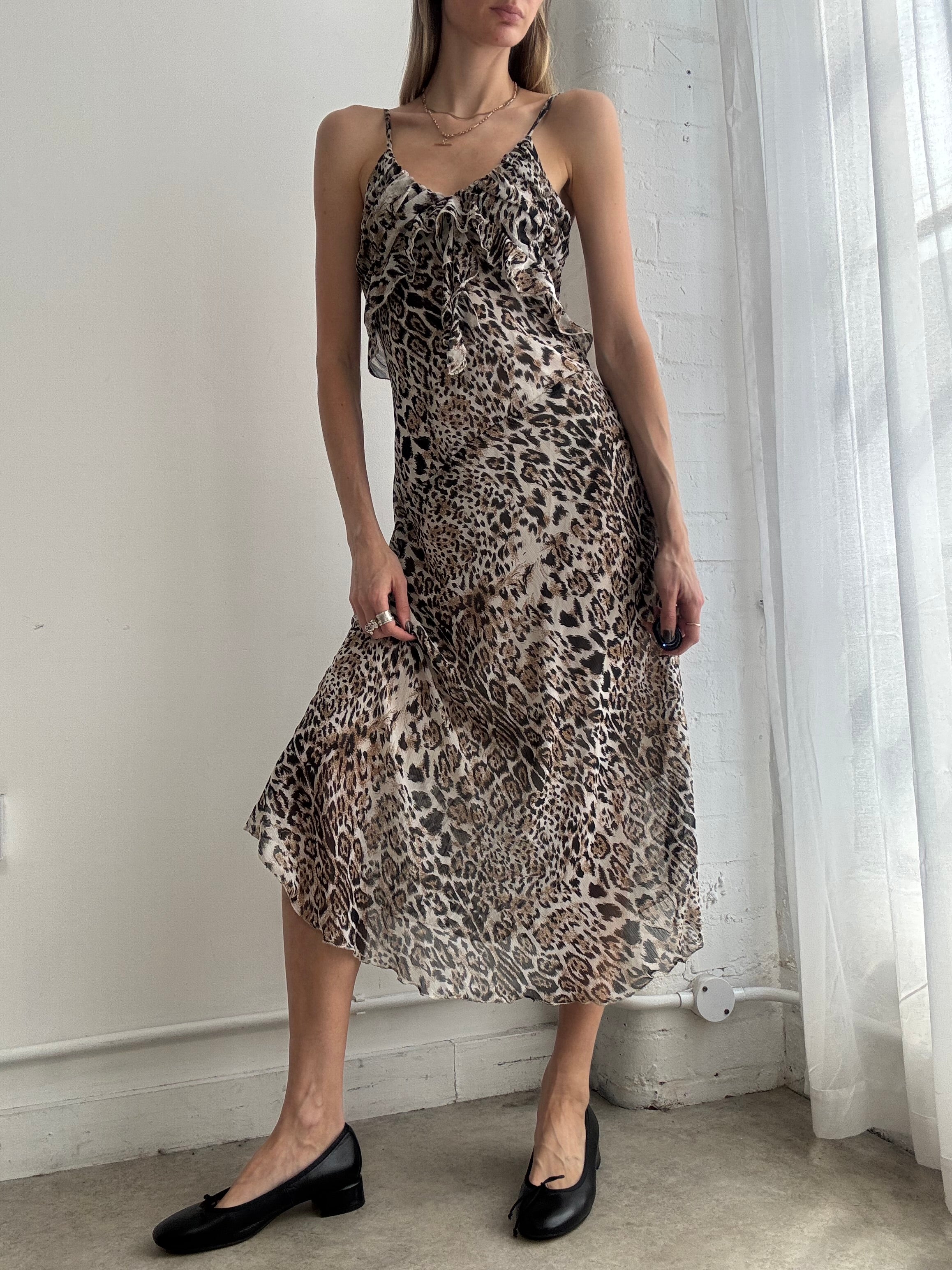 Vintage y2k leopard print mesh slip midi dress - Size S