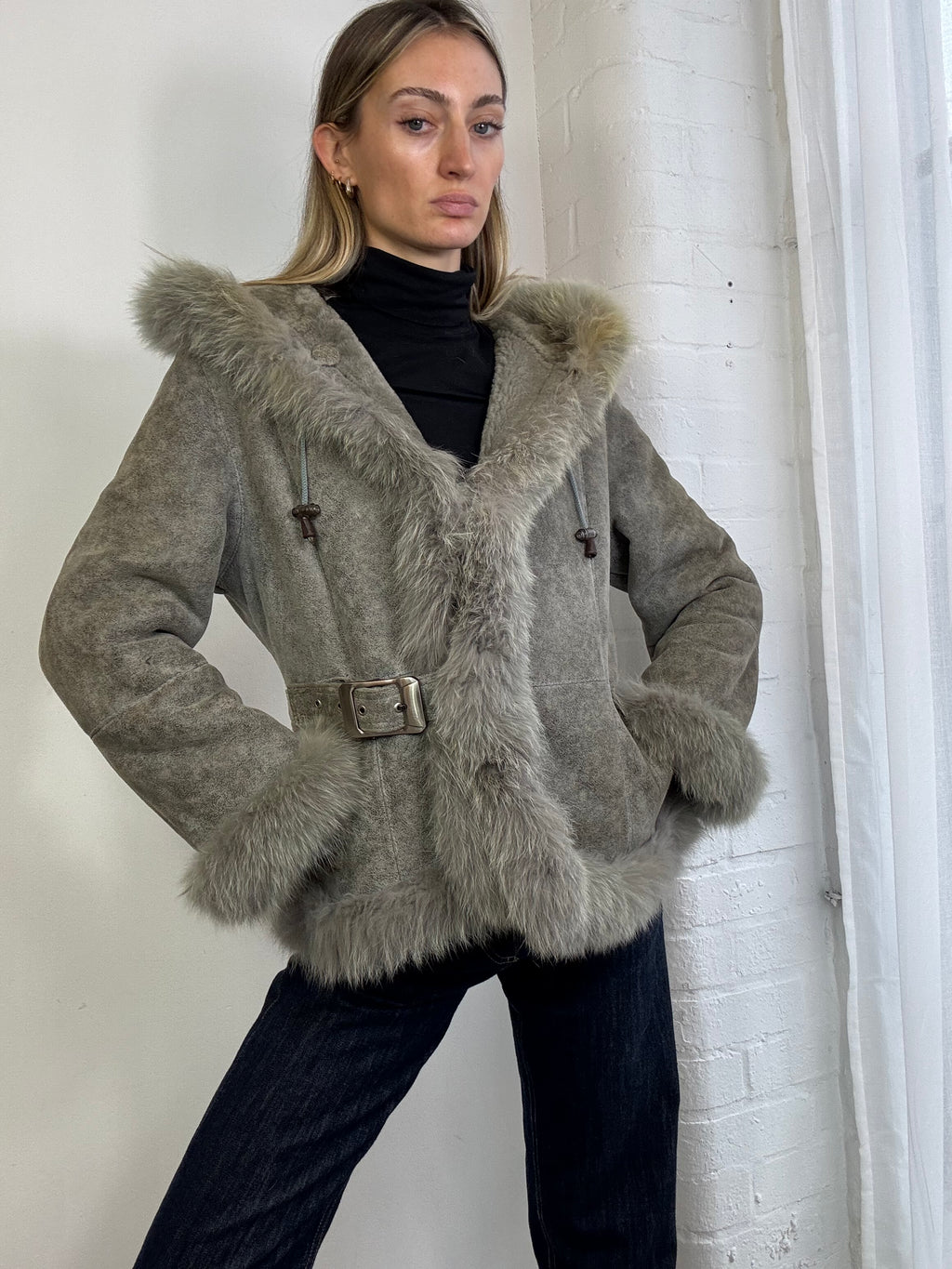 Vintage Y2K grey suede sheepskin hooded fur trim coat buckle