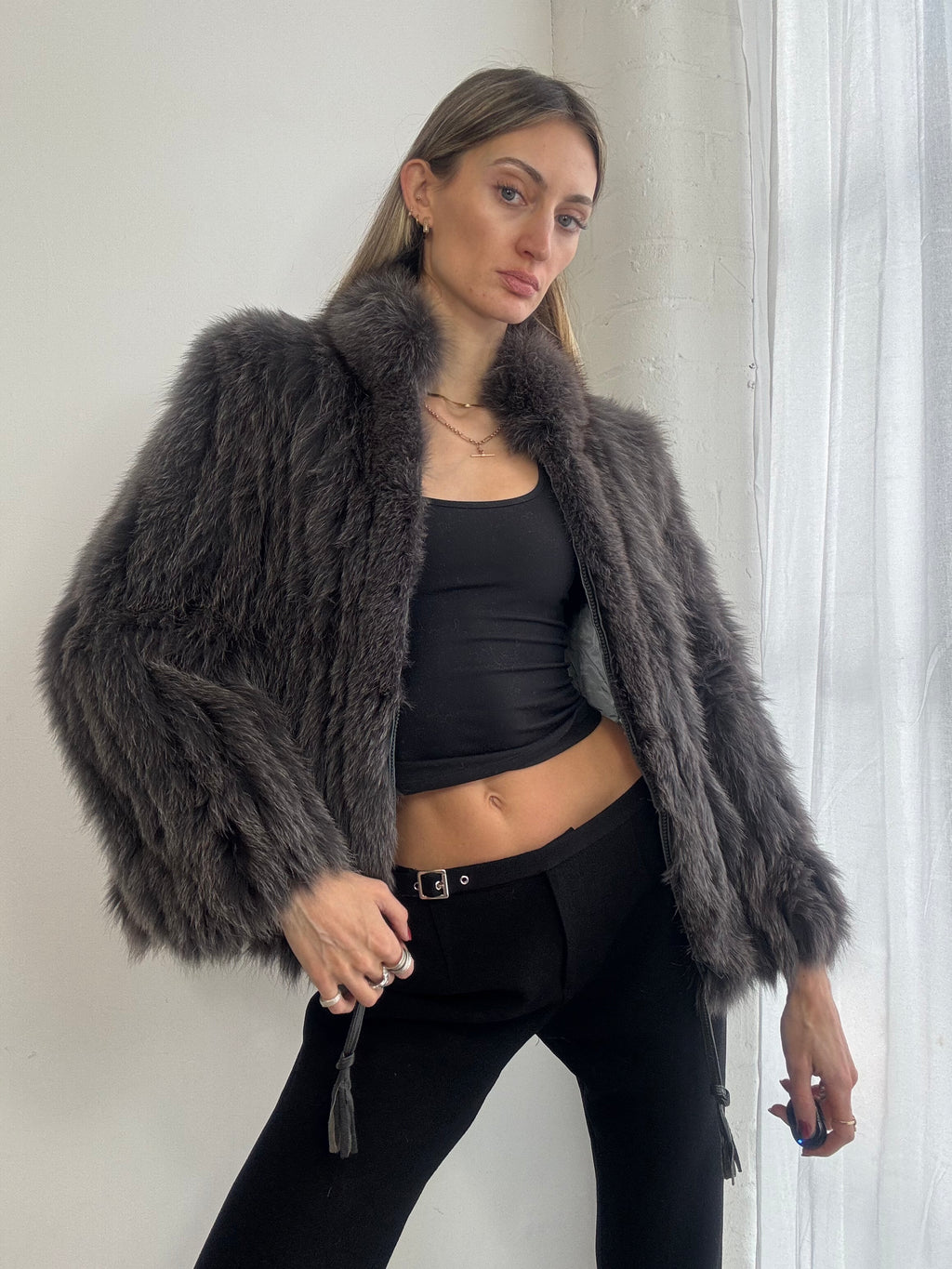 Vintage 90s plush grey fox fur coat