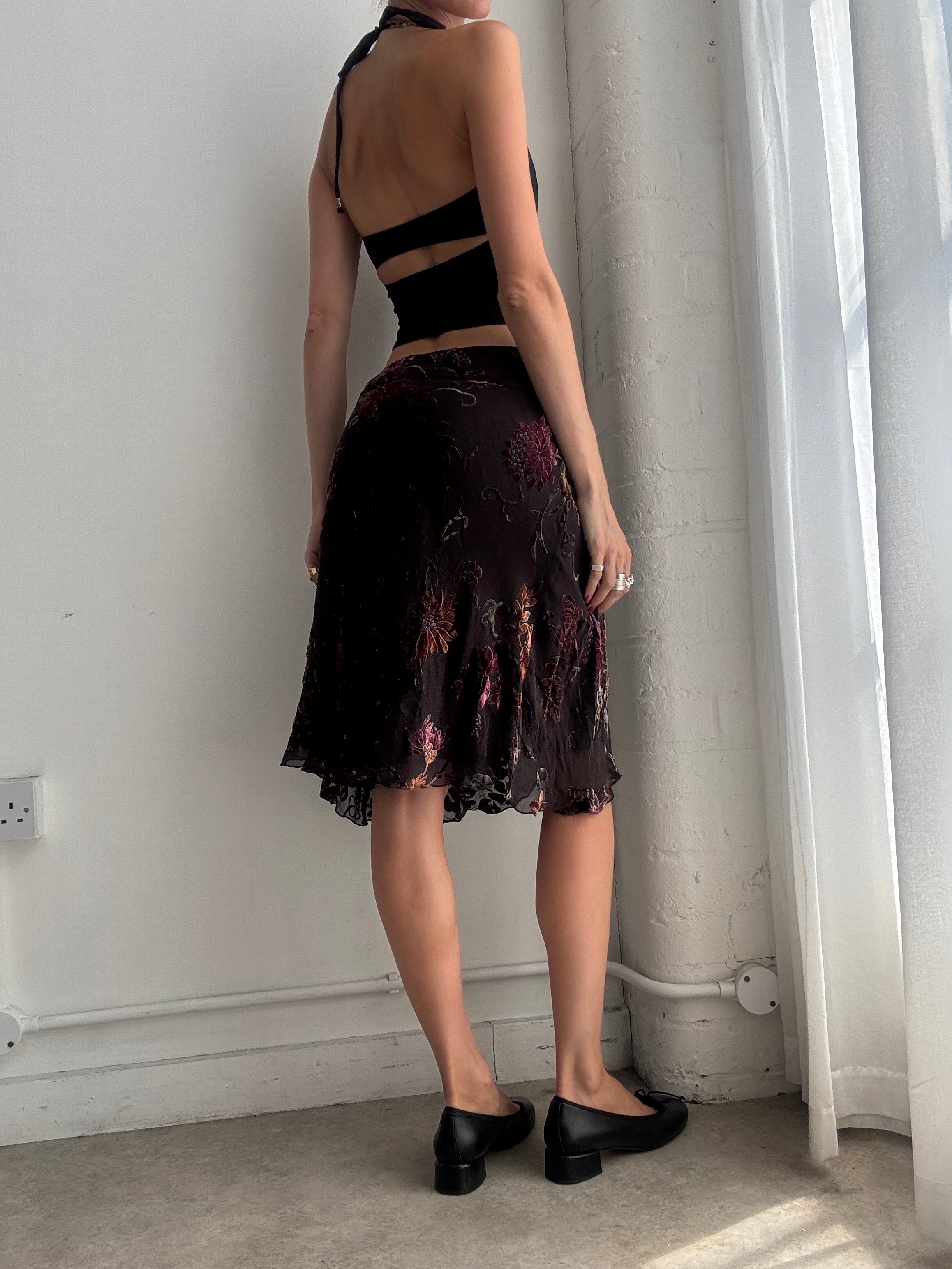 Vintage Y2K Floral Devore Velvet Midi Skirt – Brown Skirt - Size XS