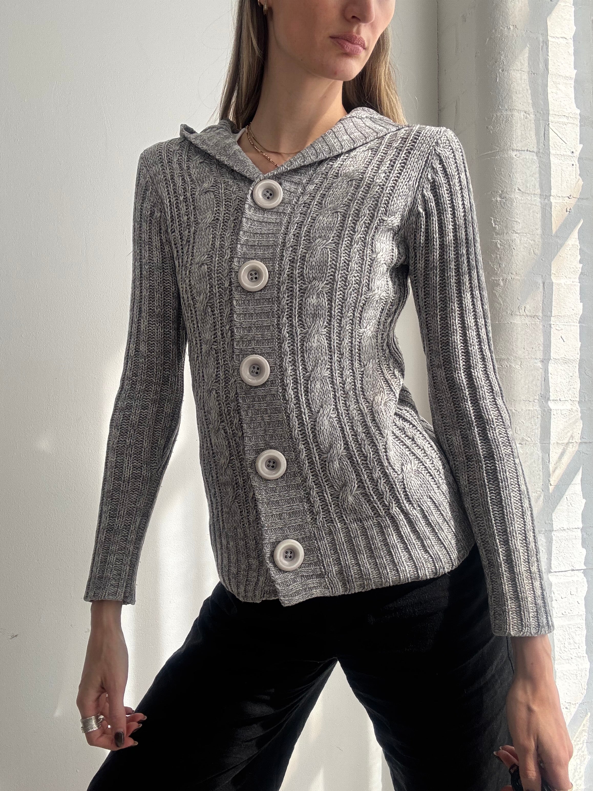 Vintage Y2K grey cable knit hooded cardigan - Size S