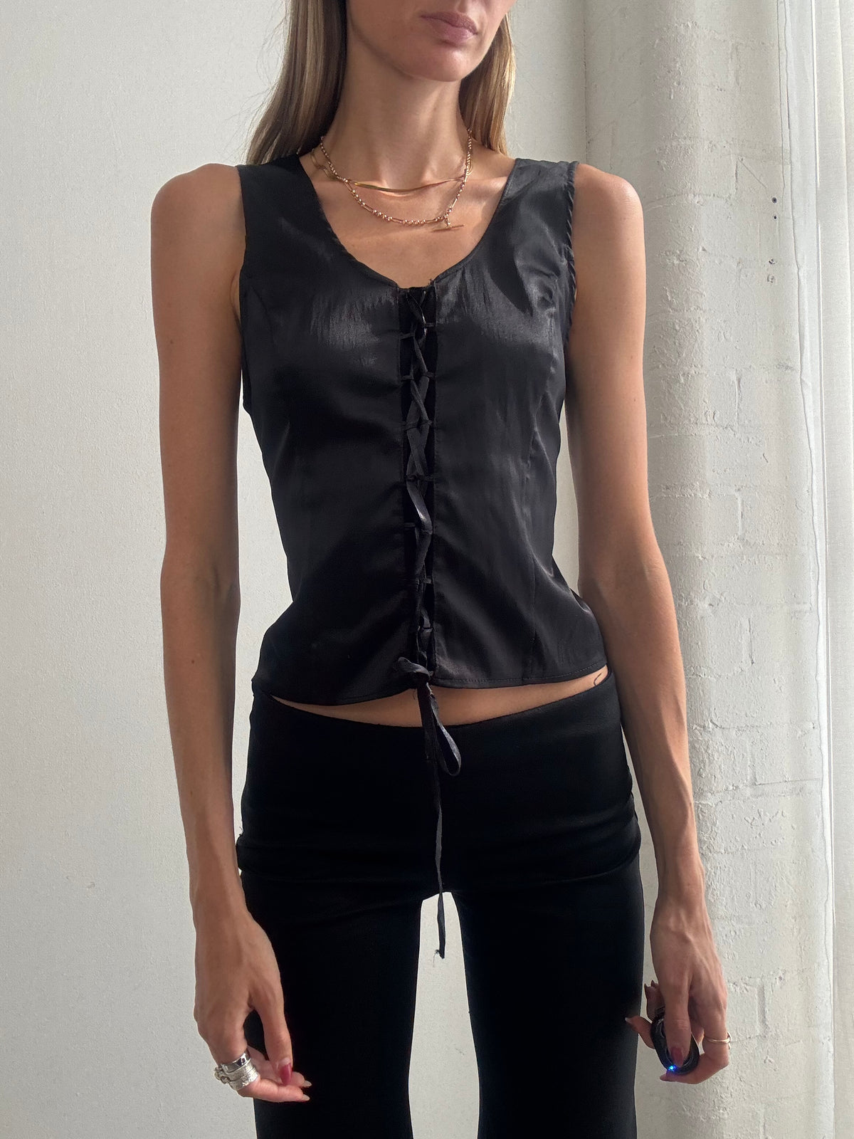 Vintage Y2K Black Satin Lace-Up Corset Top - Size S