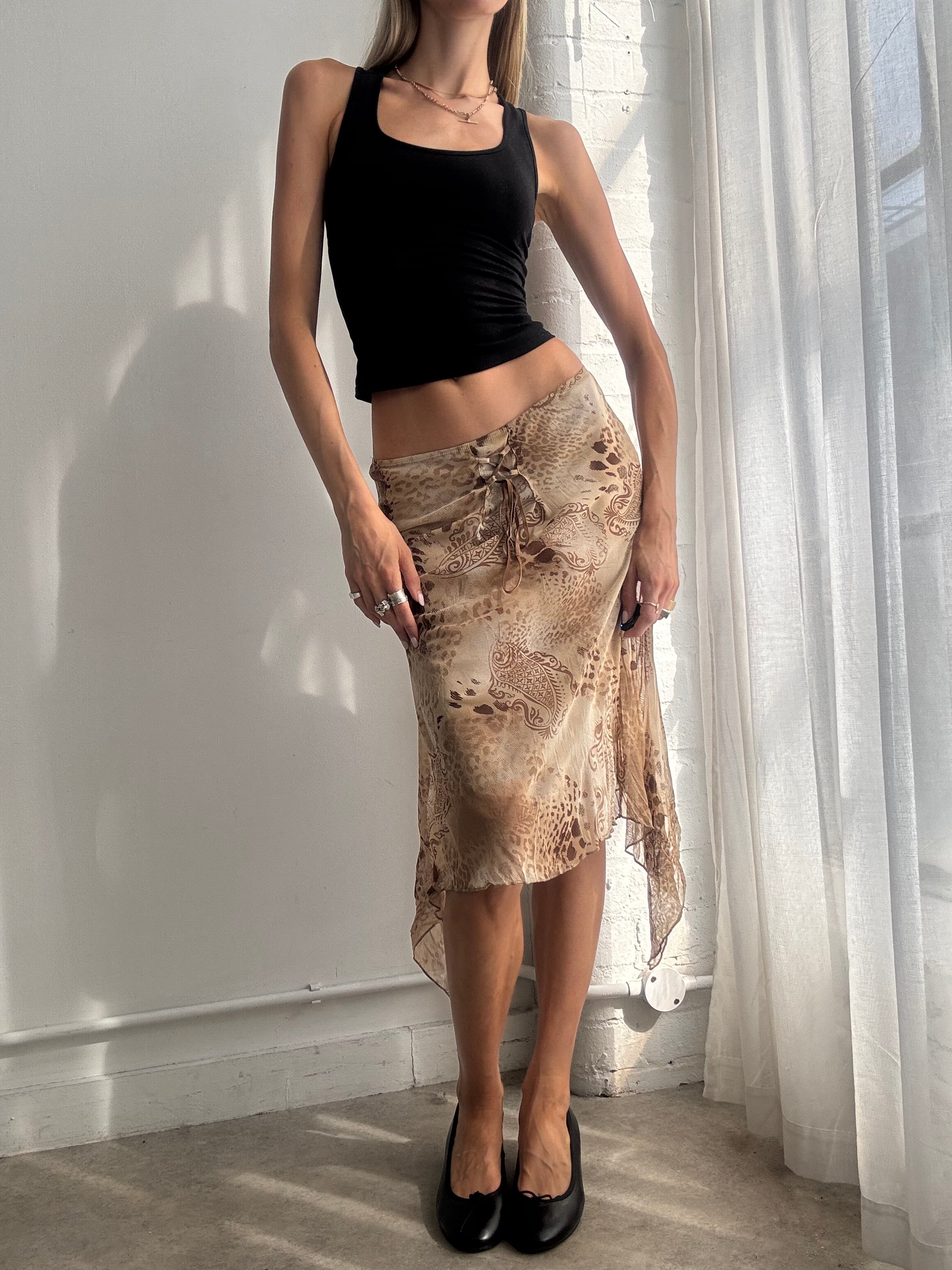 Vintage Y2K Brown Animal Print Asymmetric Mesh Midi Skirt - Size XS/S