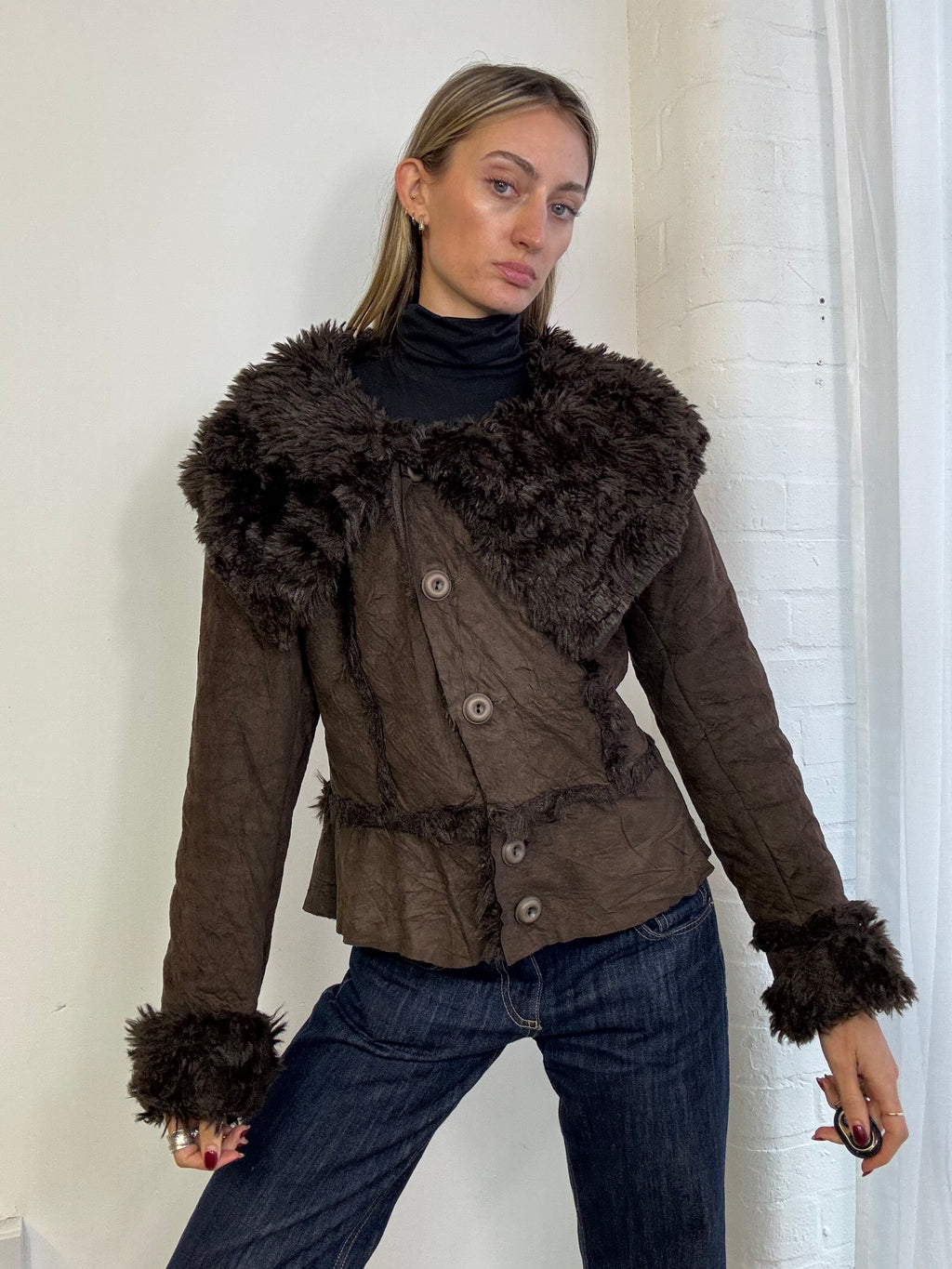 Vintage Y2K faux fur asymmetric jacket