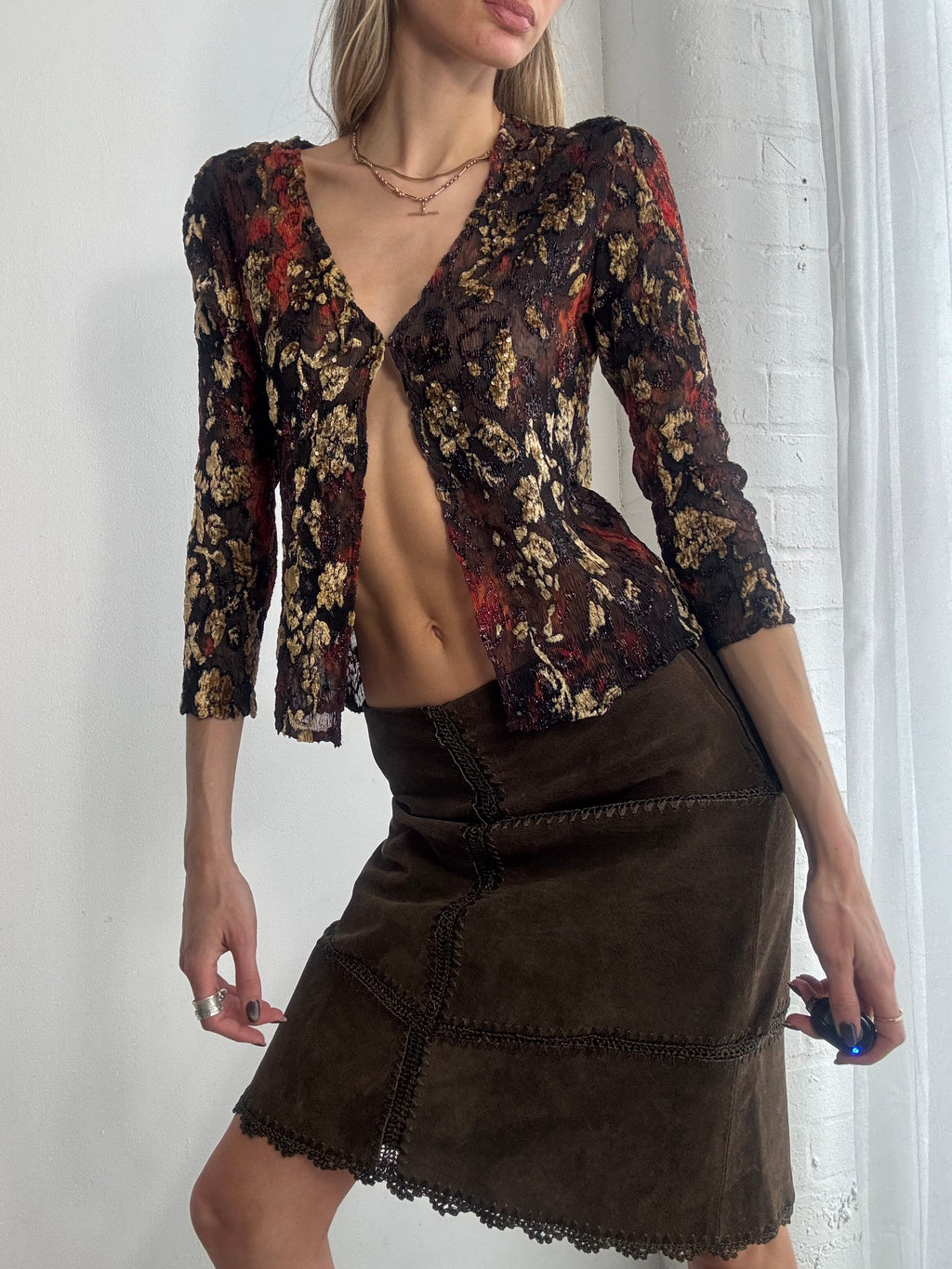 Vintage Y2K brown & orange floral open blouse - Size M