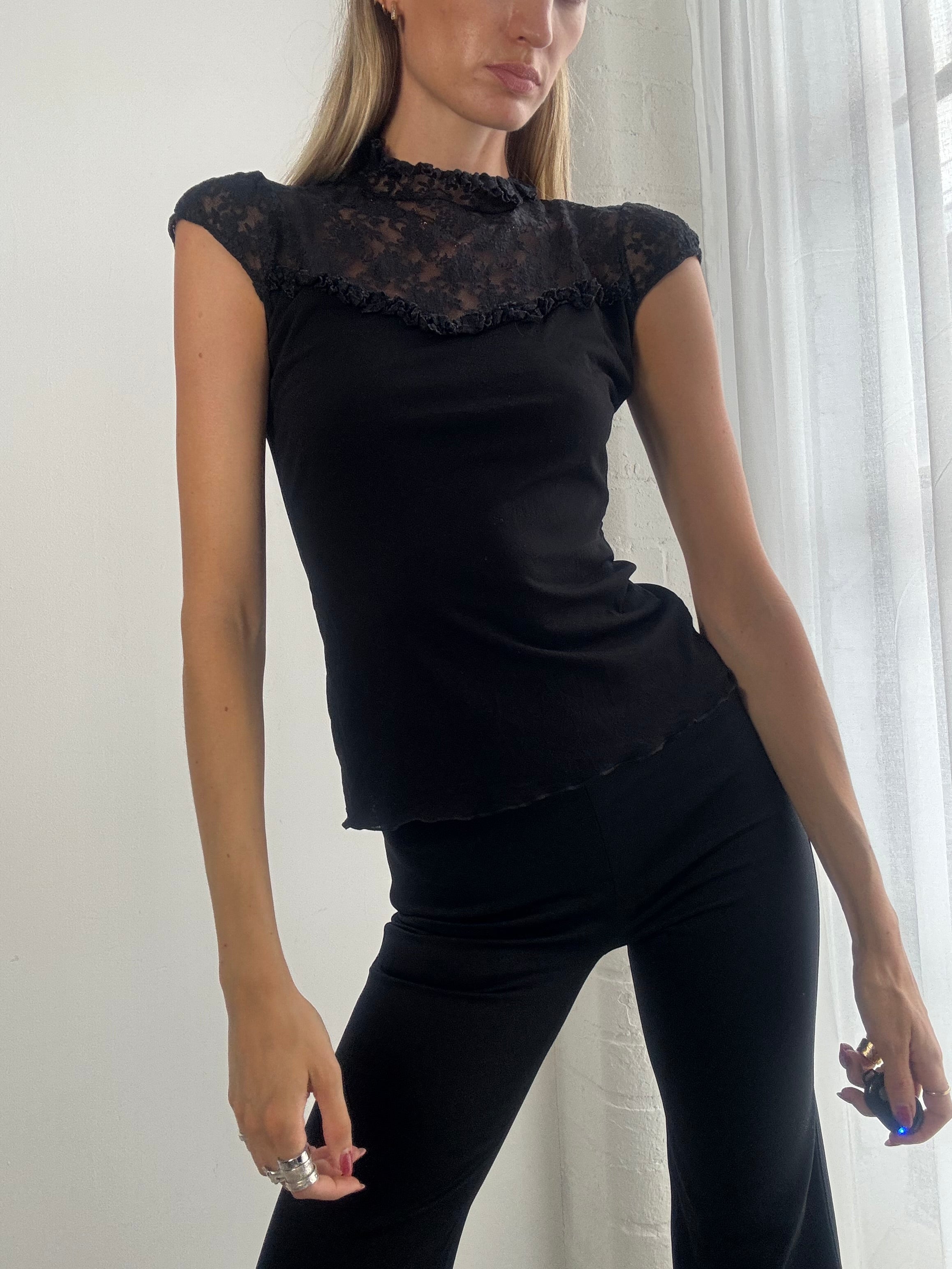 Vintage Y2K Black Lace High Neck Top - Size XS/S