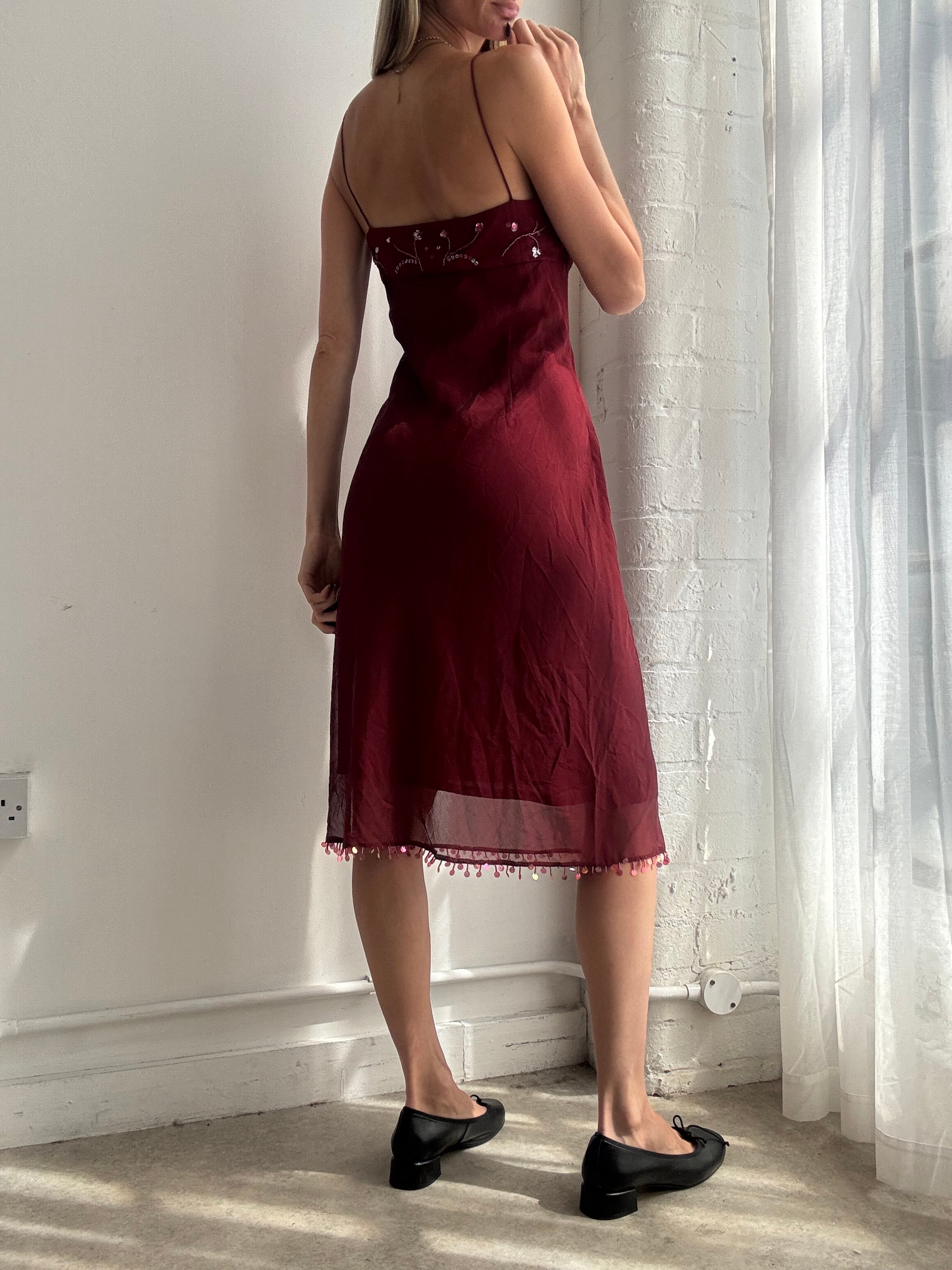 Vintage Y2K burgundy embellished mesh midi dress - Size M