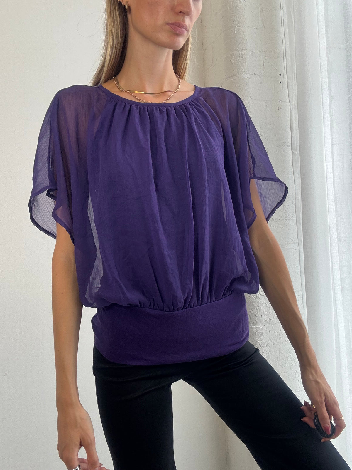 Vintage Y2K Purple Chiffon Batwing Top - Size S