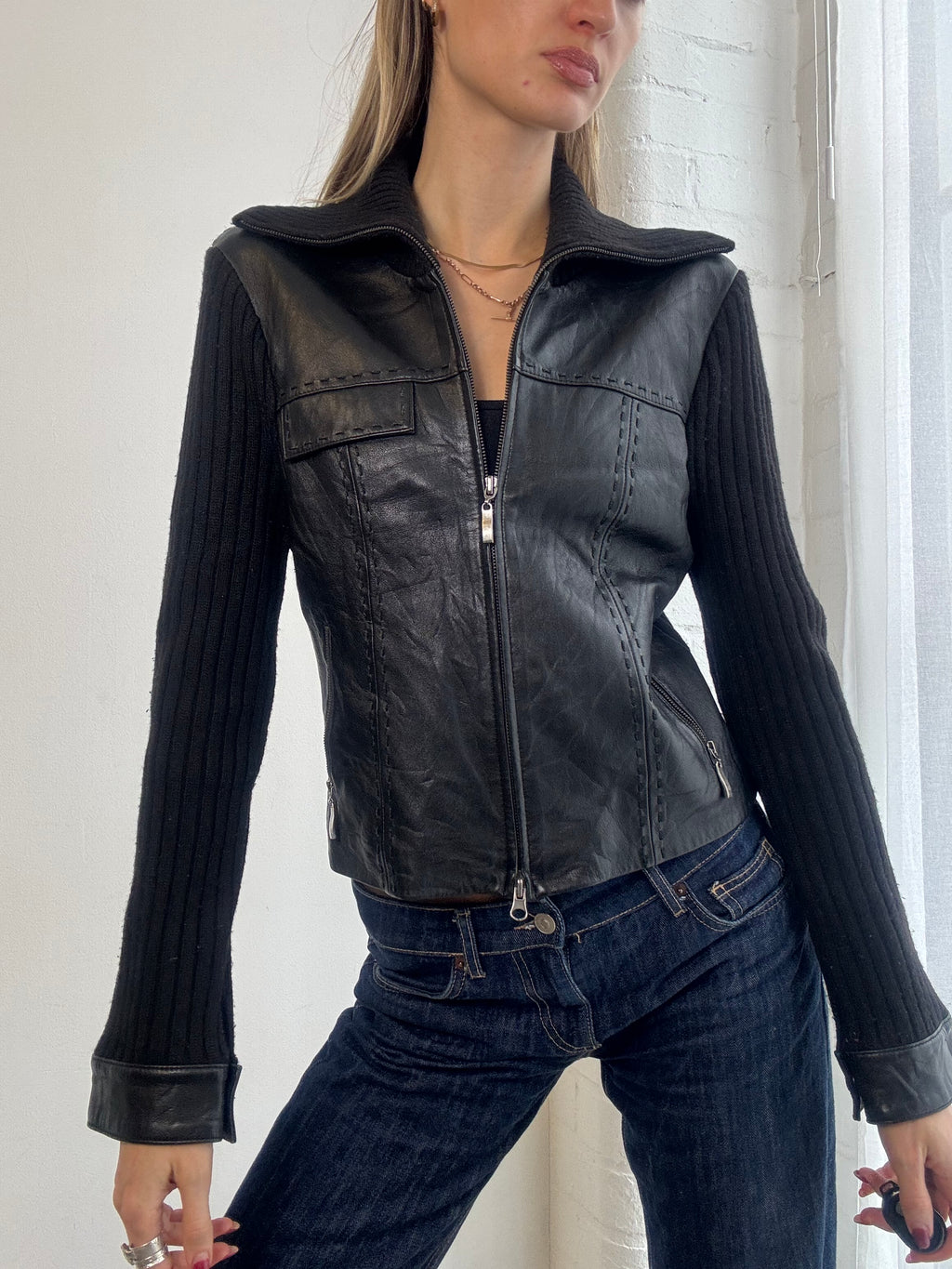 Vintage Y2K black leather and knit zip jacket