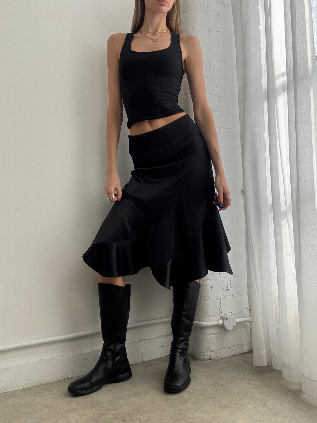 Vintage Y2K black satin ruffle midi skirt