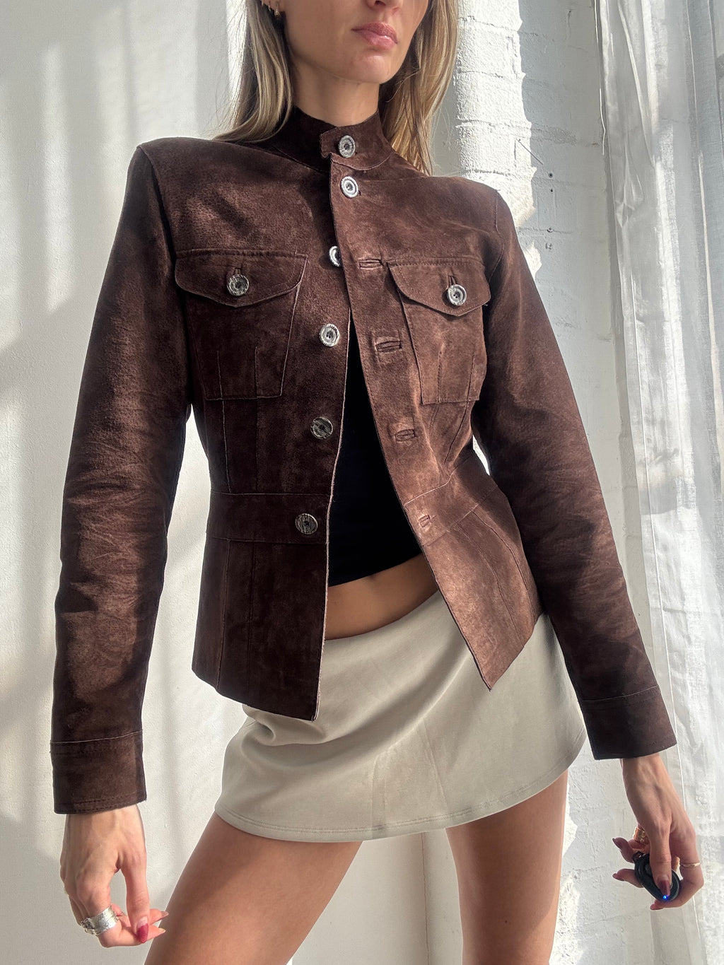 Vintage Y2K brown suede fitted button-up jacket