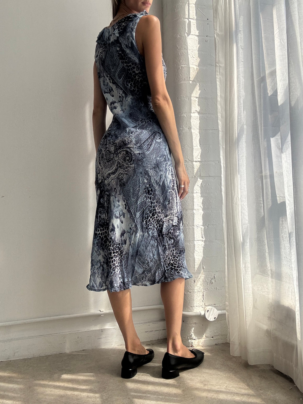 Vintage Y2K Blue Paisley Mesh Midi Dress - Size M