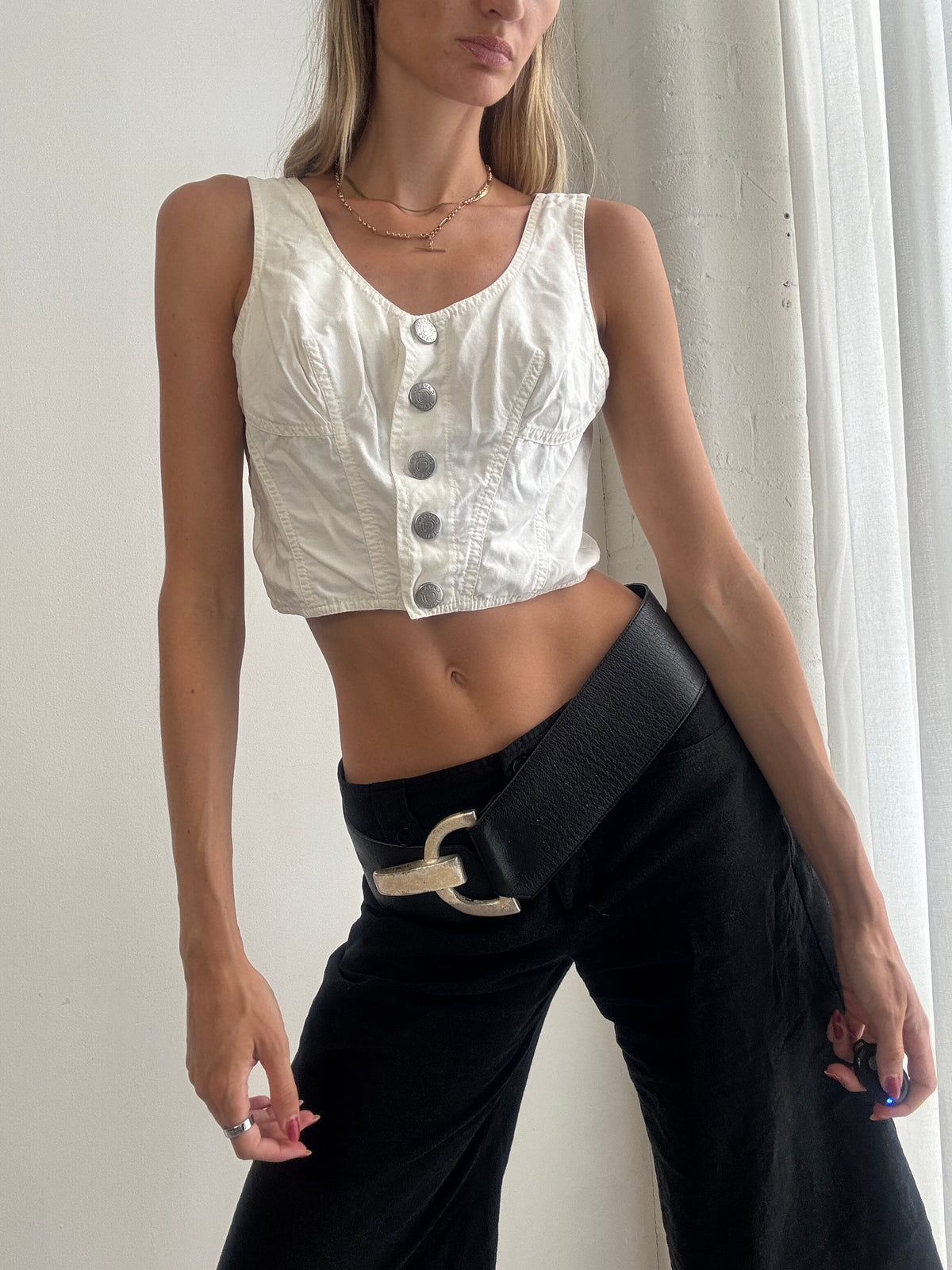 Vintage Y2K Cavalli Jeans White Button Up Corset Top – Size XS/S